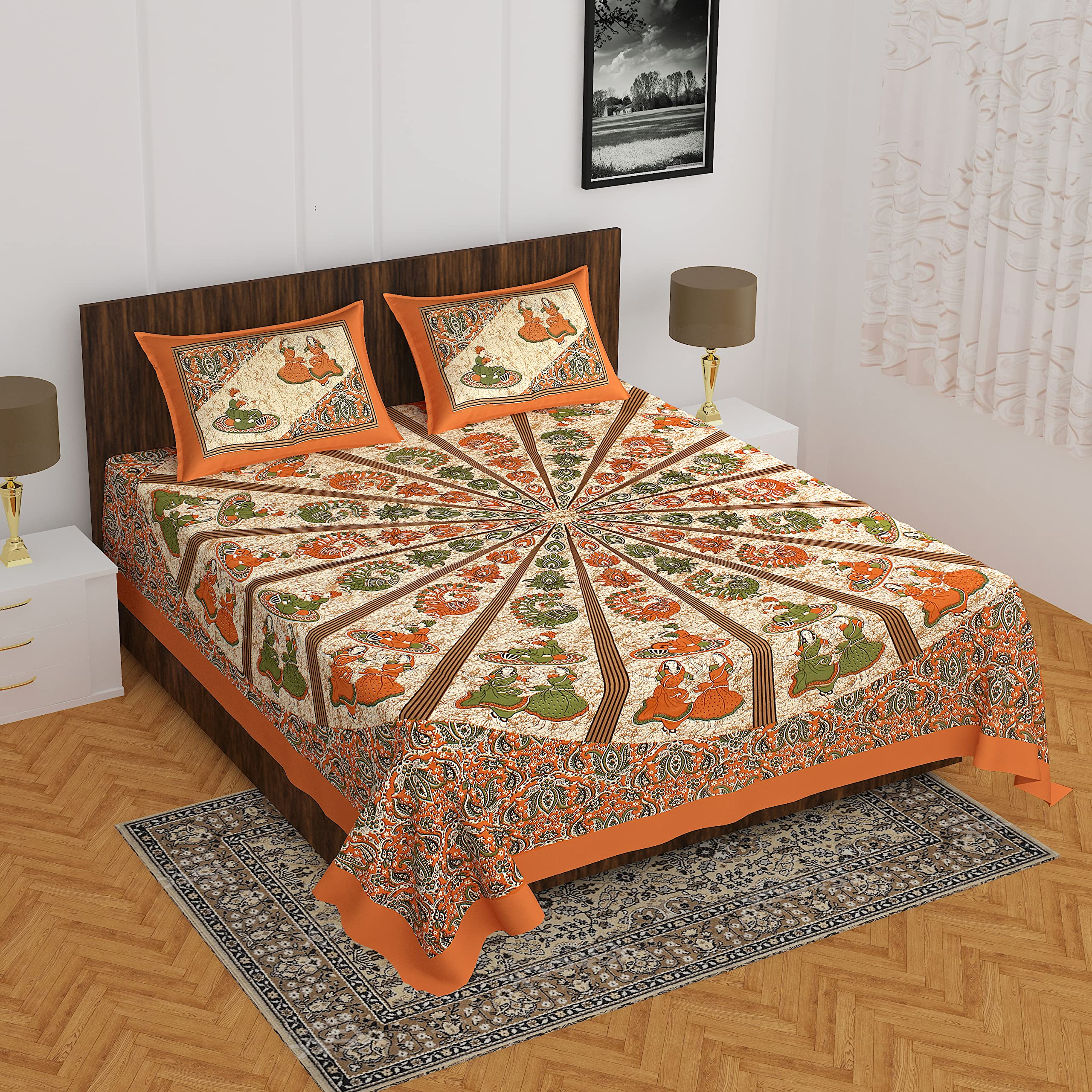 KOUNDAL Rajasthani Jaipuri Traditional Sanganeri Dandiya Print 144 TC 100% Cotton Double Size Bedsheet with 2 Pillow Covers-image-34