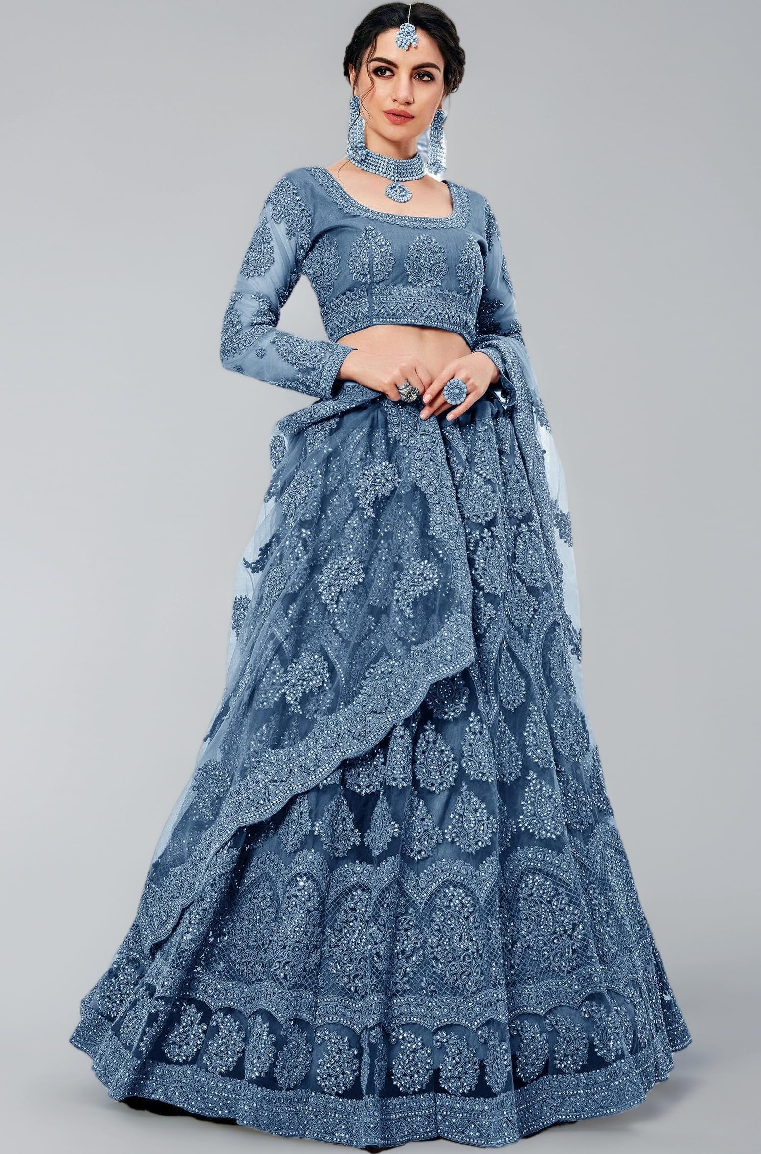 Women Net Letest Design Chain Embroderied Work Woman S Flered Semi-Stitched Lehenga Choli.(Semi Stitched)