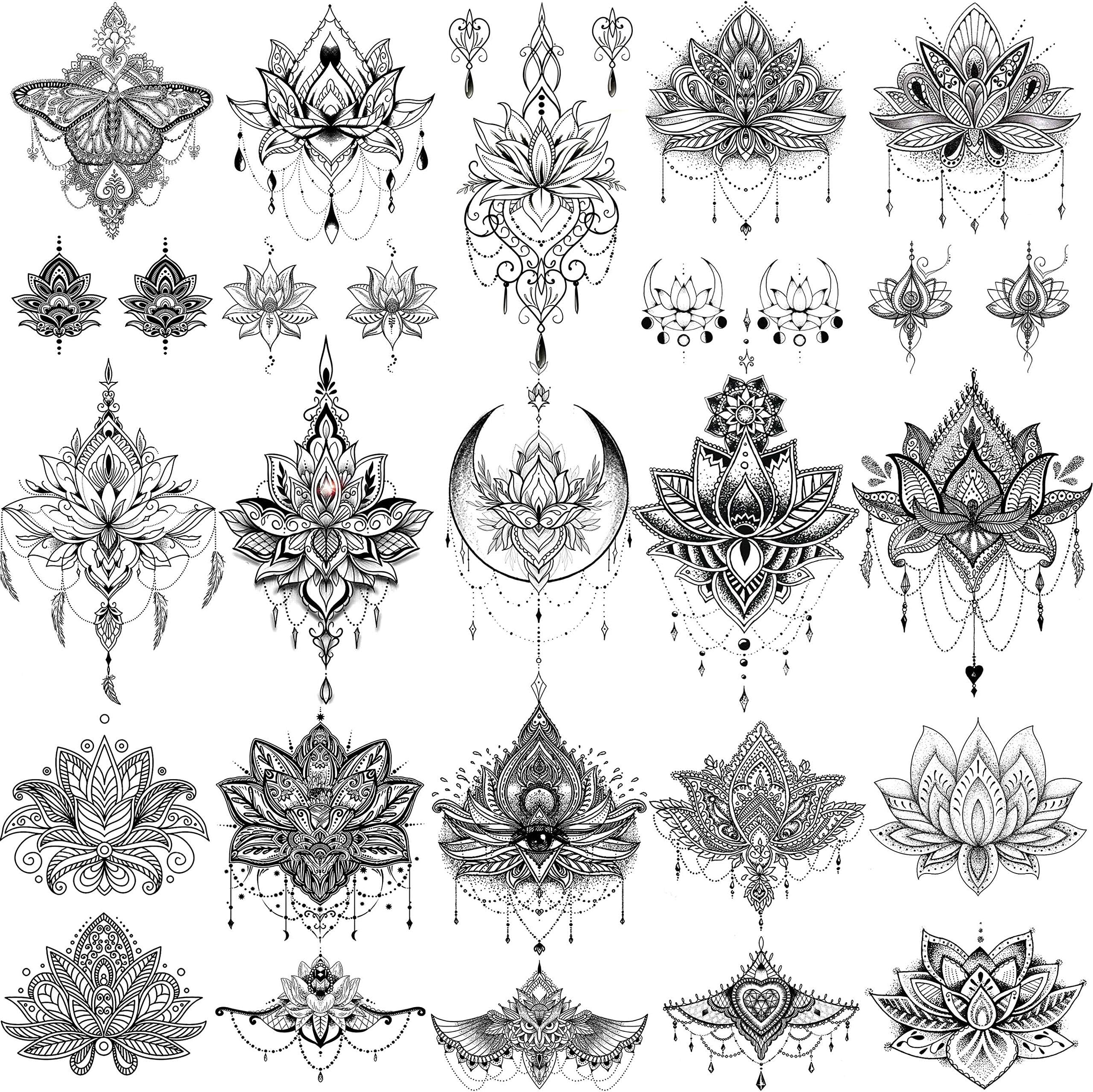 EGMBGM 15 Sheets Sexy Black Lotus Temporary Tattoos For Women Wedding Brides, Tribal Fake Jewelry Pendant Lace Moon Moth Flowers Temp Tattoos Temporary Sticker For Girls Arm Neck Hand Tatoos Jewels