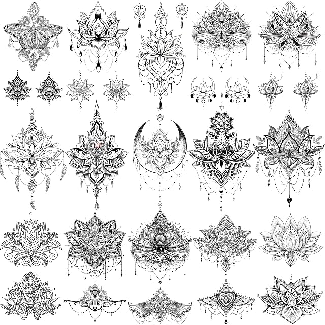 EGMBGM 15 Sheets Sexy Black Lotus Temporary Tattoos For Women Wedding Brides, Tribal Fake Jewelry Pendant Lace Moon Moth Flowers Temp Tattoos Temporary Sticker For Girls Arm Neck Hand Tatoos Jewels