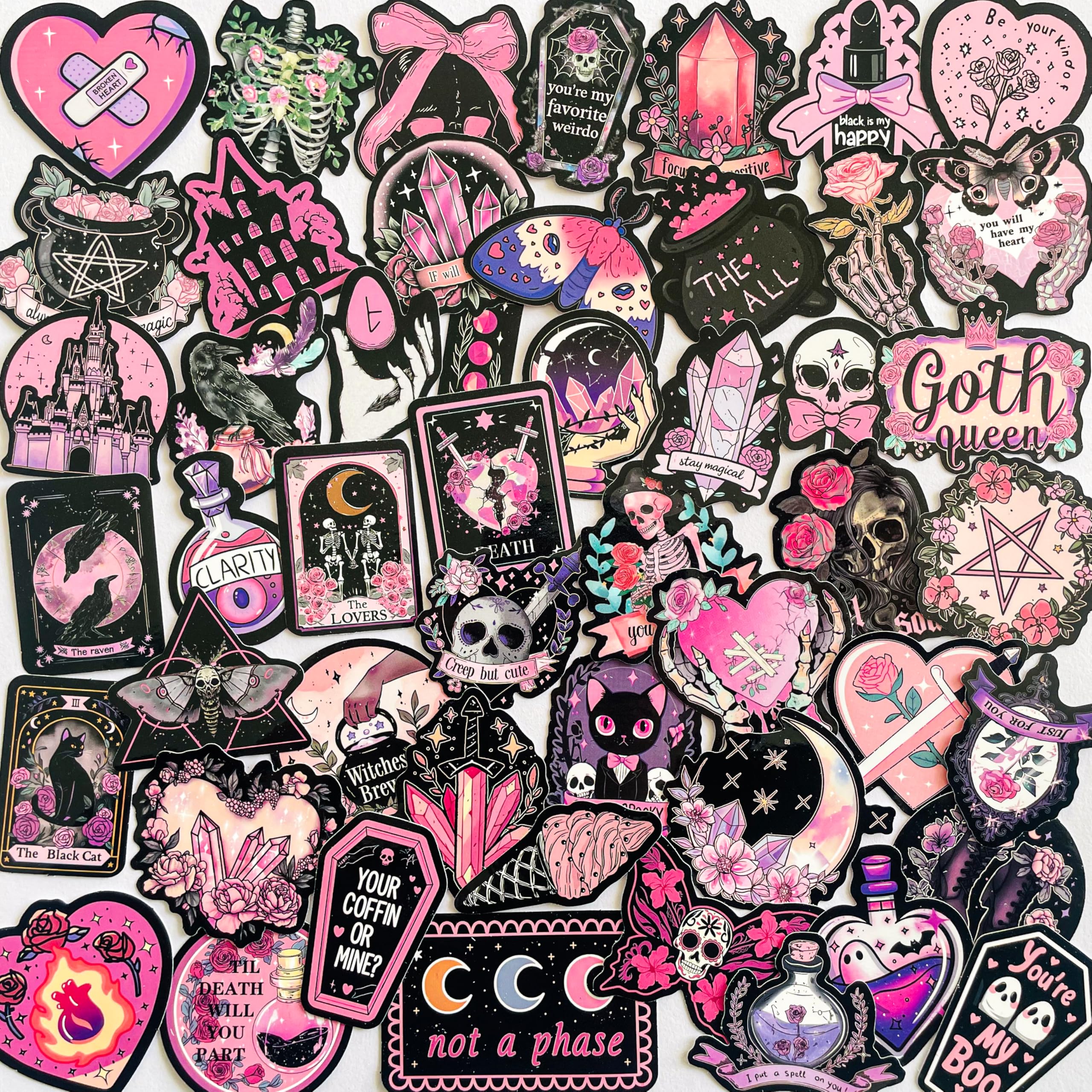 50-Piece Pink Goth Witch Sticker - Pastel Gothic Stickers with Skulls, Crystals, Cats, Tarot Cards, Spooky Quotes - Waterproof Vinyl for Laptops,