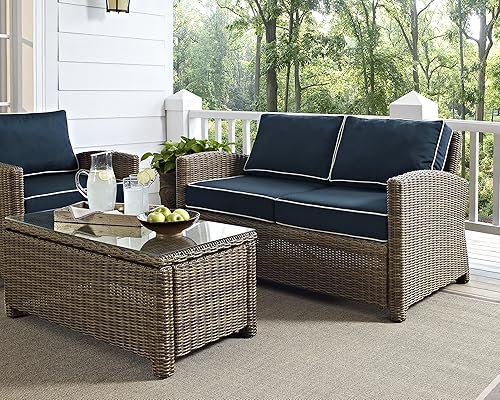 Miniatura 2 de Crosley Furniture KO70022WB-NV Bradenton Sofá biplaza de mimbre para exteriores, marrón con cojines azul marino café Con Cojines Marino,café con