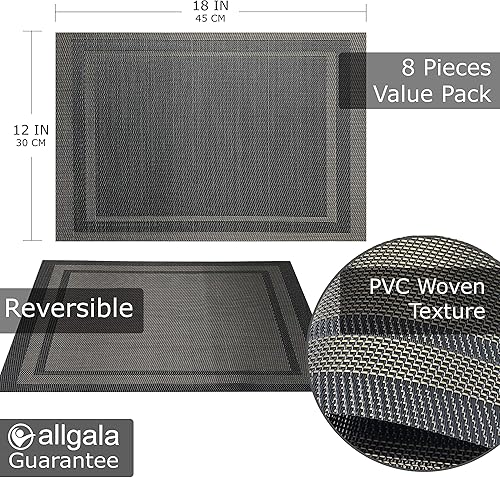 Miniatura 2 de Allgala HD80207 - Juego de 8 manteles individuales de PVC para mesa de comedor, protege la mesa de manchas de calor, arañazos y marcos de oro negro