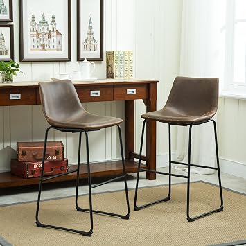 Tall Bar Stools Set of 2 - Counter Stool with Pu Leather Seat, Bar Height Bar Stools with Metal Frame, Faux Leather Kitchen Stools for Dining Room, Kitchen, Pub Brown