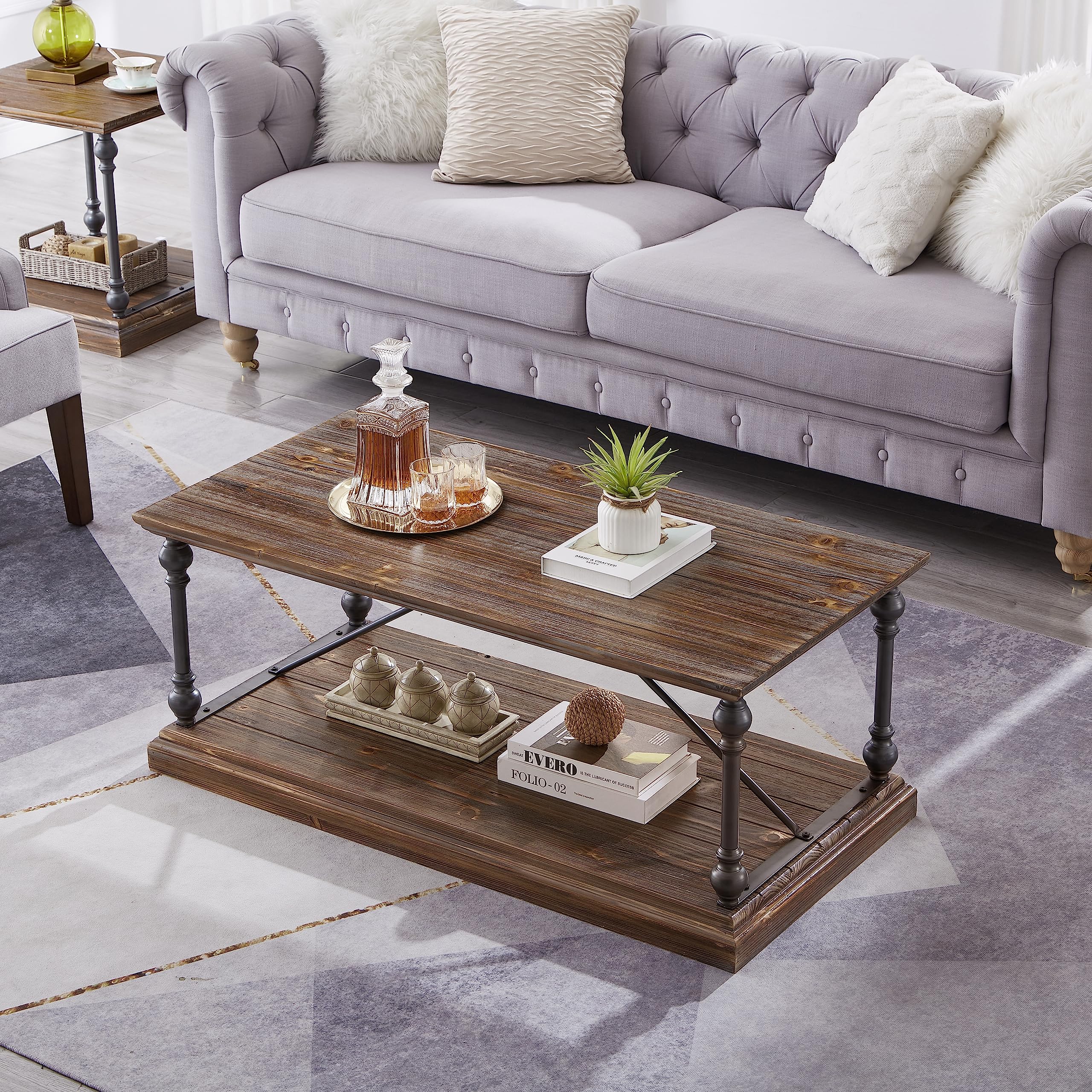 Solid Wood Coffee Table with Metal Stand, Storage Shelf, 44.09 x 22.05 x 19.69 in, Farmhouse Modern Style (Brown Red)