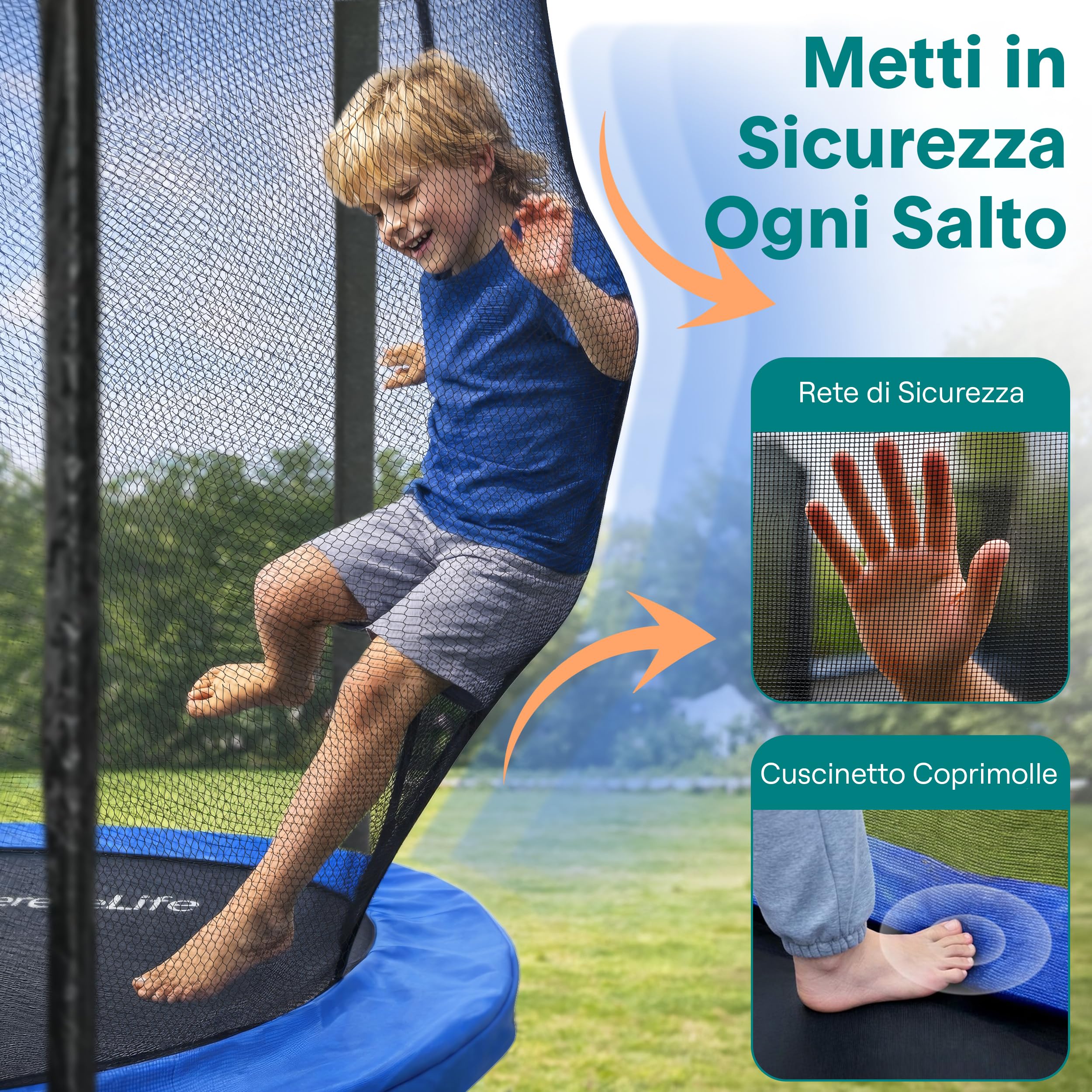 SereneLife Trampolino Elastico per Bambini 305 cm, Tappeto Elastico Rotondo, Nero, con Rete di Sicurezza, Struttura Robusta per Esterno e Interno