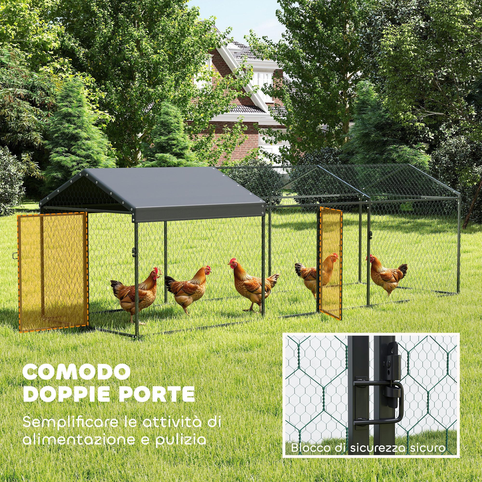 PawHut Pollaio per Galline da Esterno, 3x1x1m 3m² Recinto Galline in Metallo Zincato con 2 Porte, Tetto Impermeabile Anti-UV e Serratura, Gabbia per Polli, Piccoli Animali, Conigli, Anatre, Fattoia