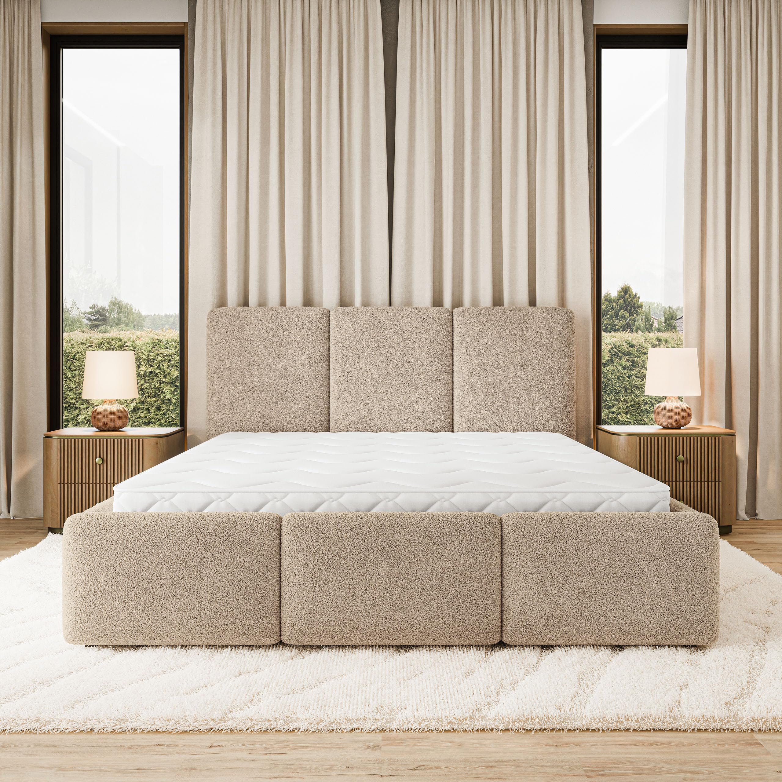 Masseno Łóżko tapicerowane MORENA Q 140x200 cm, Nowoczesny Podwójne łóżko z Pojemnikiem na pościel, Stelażem i Wezgłowiem - Beżowy QUELLE 05