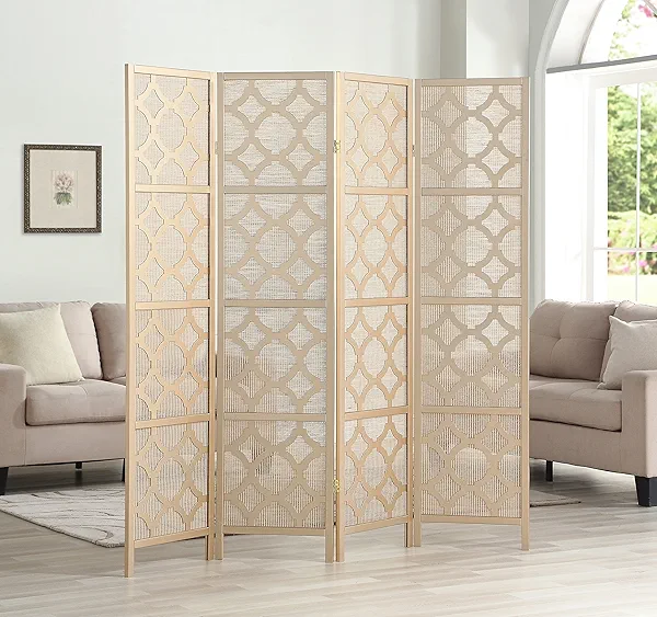 Roundhill Furniture Quarterfoil Infused Diamond Design 4-Panel Room Divider, Gold