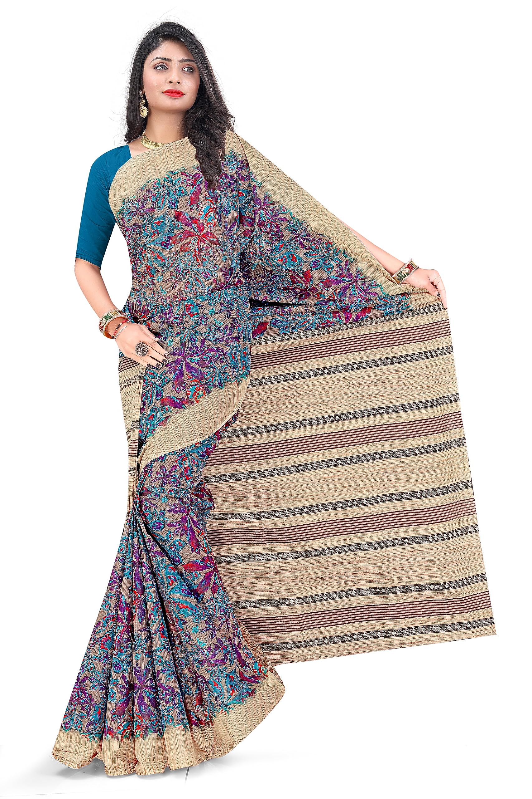 Tamaira Fashion Women's Autumn Leaf Print Pure Cotton Saree Without Blouse Piece(11184_Grey)