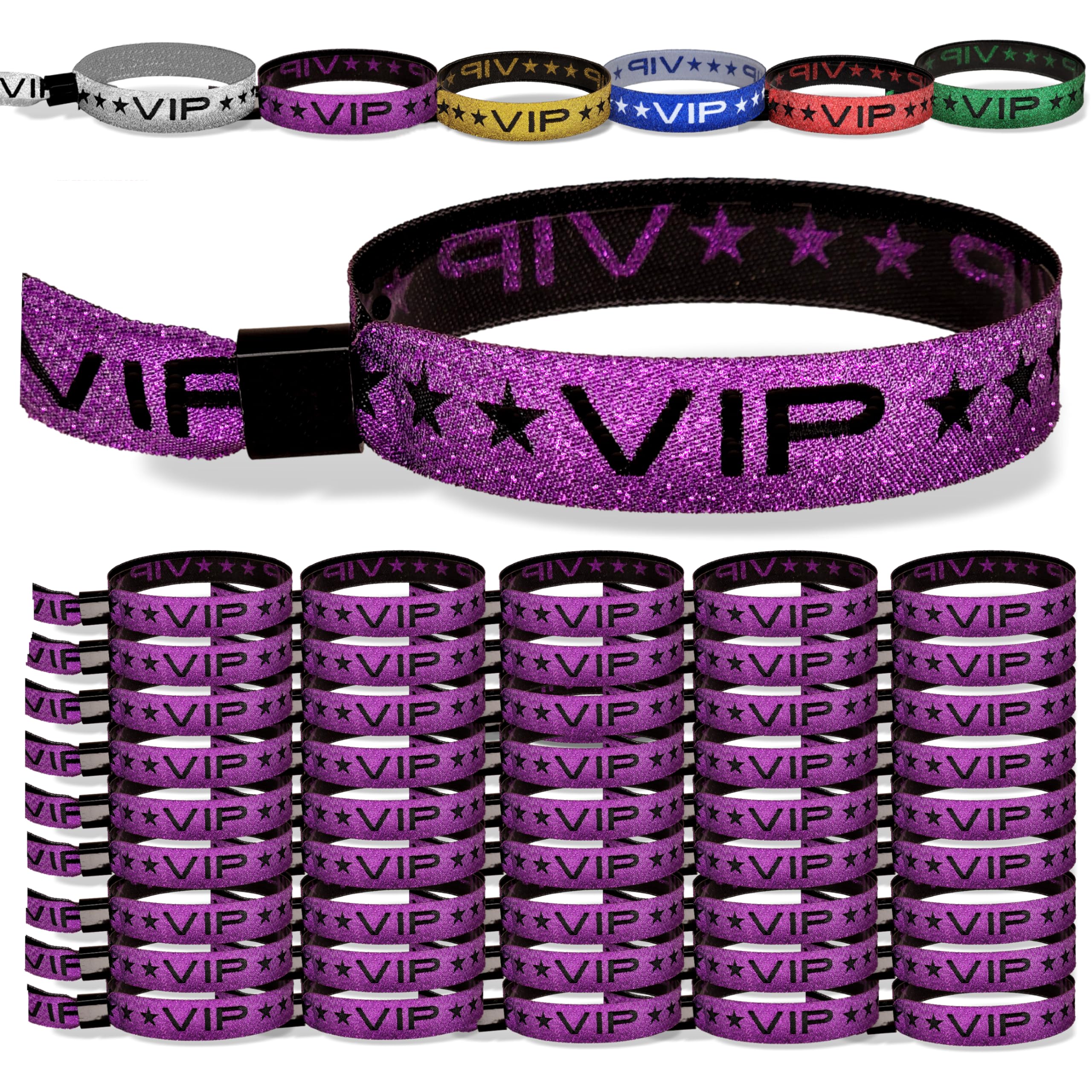 TARACANA 110 Count Purple VIP Identification Wristbands with Secure Locking Clip. Must Have Adjustable Sparkle Wrist Bands for Events, Parties, Weddings and Festivals.