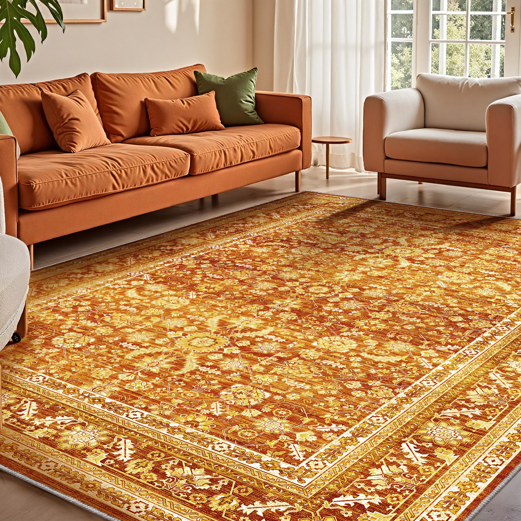 OPPODREAM Thin Vintage Orange Area Rugs 9x12, 9 x 12 Retro Washable Rug Non Slip, Low-Pile Faux Wool Carpet, Distressed Floor Mat for Living Room,
