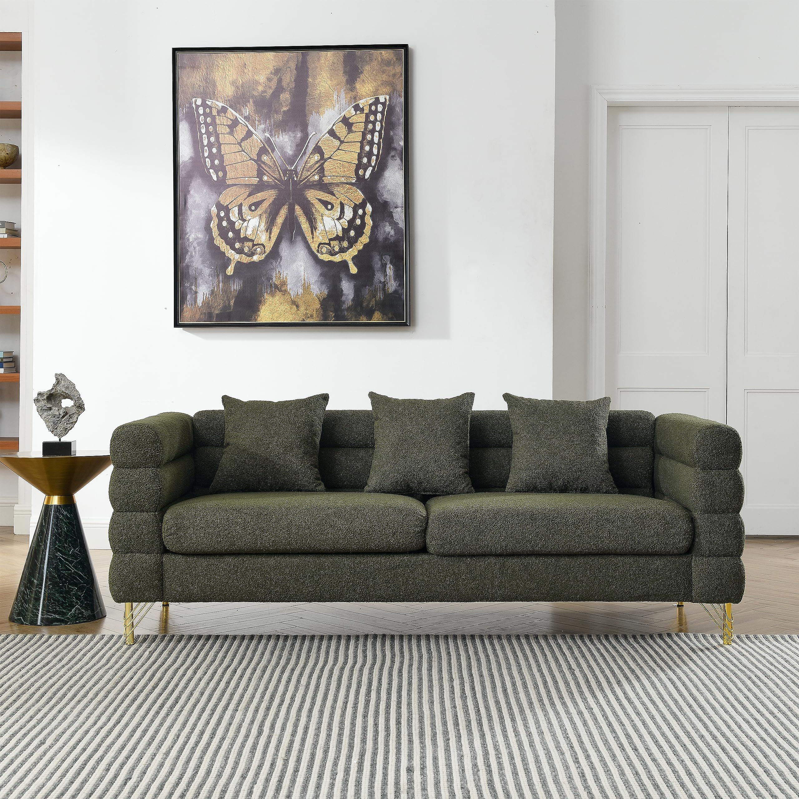 Oversized 3 Seater Sectional Sofa with 3 Lumbar Pillows Deep Seating Channel Tufted with Gold Legs Olive Green