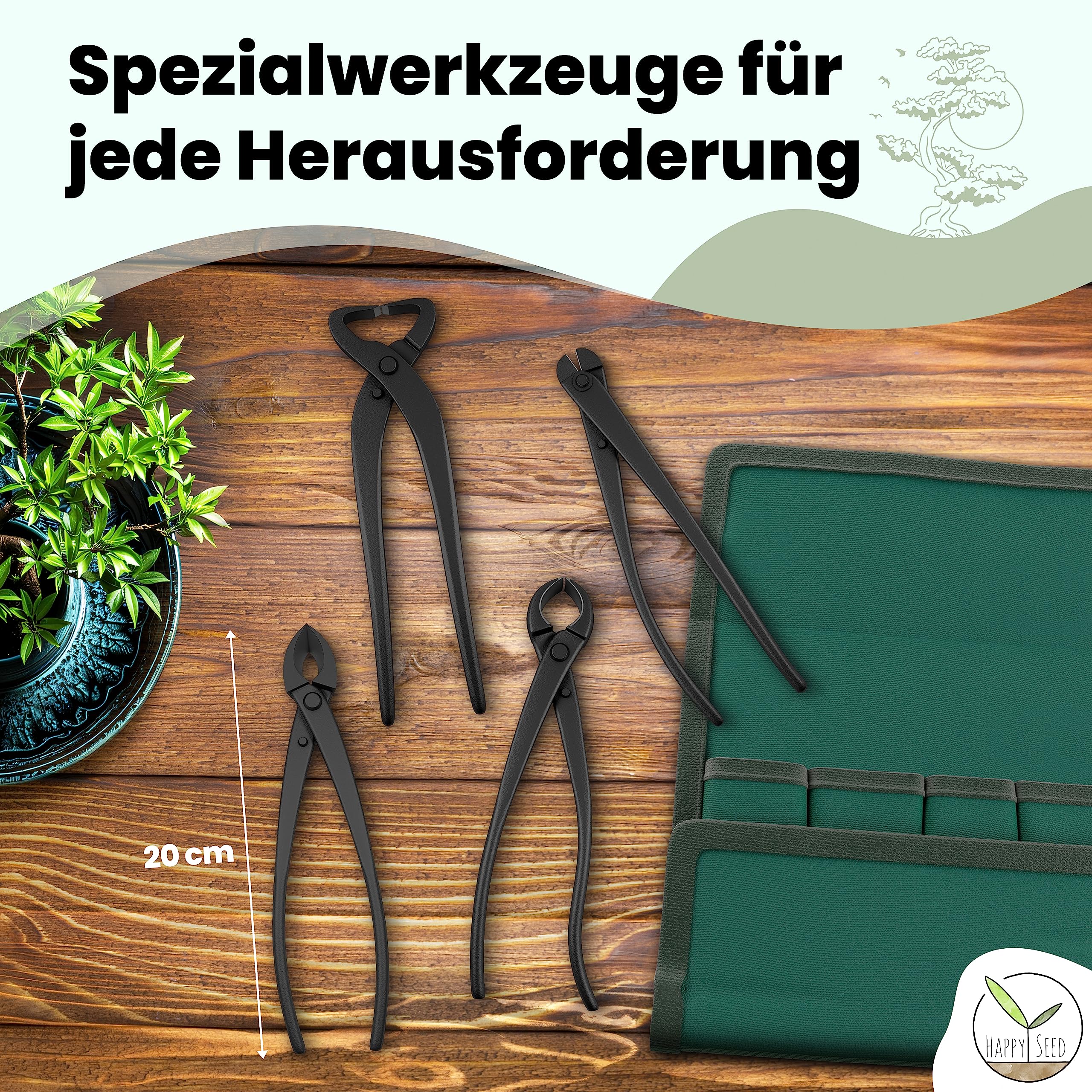 Juego de 4 herramientas profesionales para bonsái, de acero, con práctica bolsa de almacenamiento, herramienta tradicional para bonsái, ideal para alambres, ramas, brotes y raíces