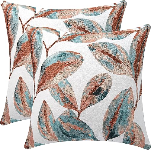 RUMOR Juego de 2 fundas de cojín decorativas de hojas de jacquard para sofá, sala de estar, decoración del hogar