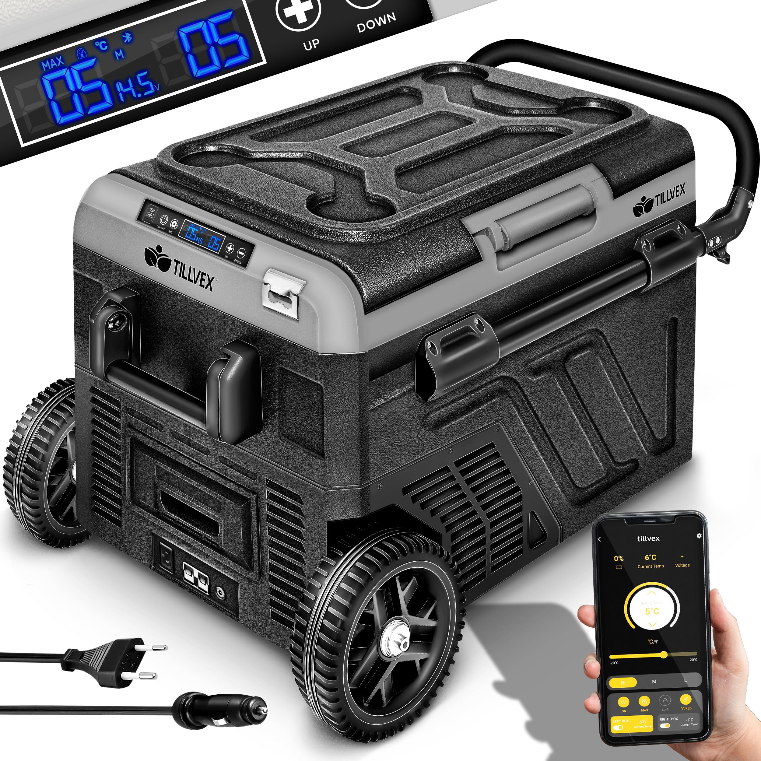 tillvex® Nevera eléctrica de compresor de 50L con Bateria | Congelador eléctrico con control WIFI-APP, puerto USB | Refrigerador hasta -20 °C para automóviles, camiones, camping