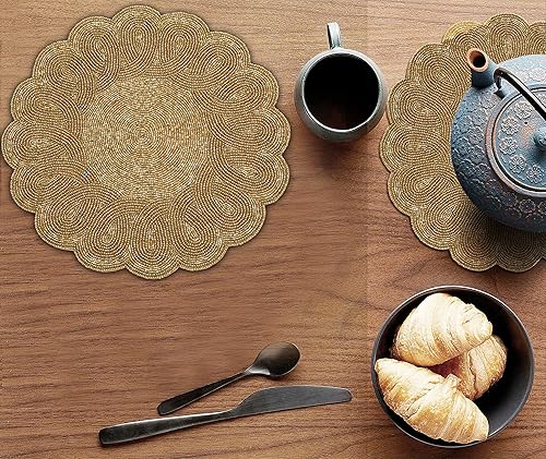 Miniatura 8 de Lightnpro - Juego de 2 manteles individuales redondos con cargador de cuentas festoneadas, hechos a mano, para mesa de comedor, boda, fiesta,