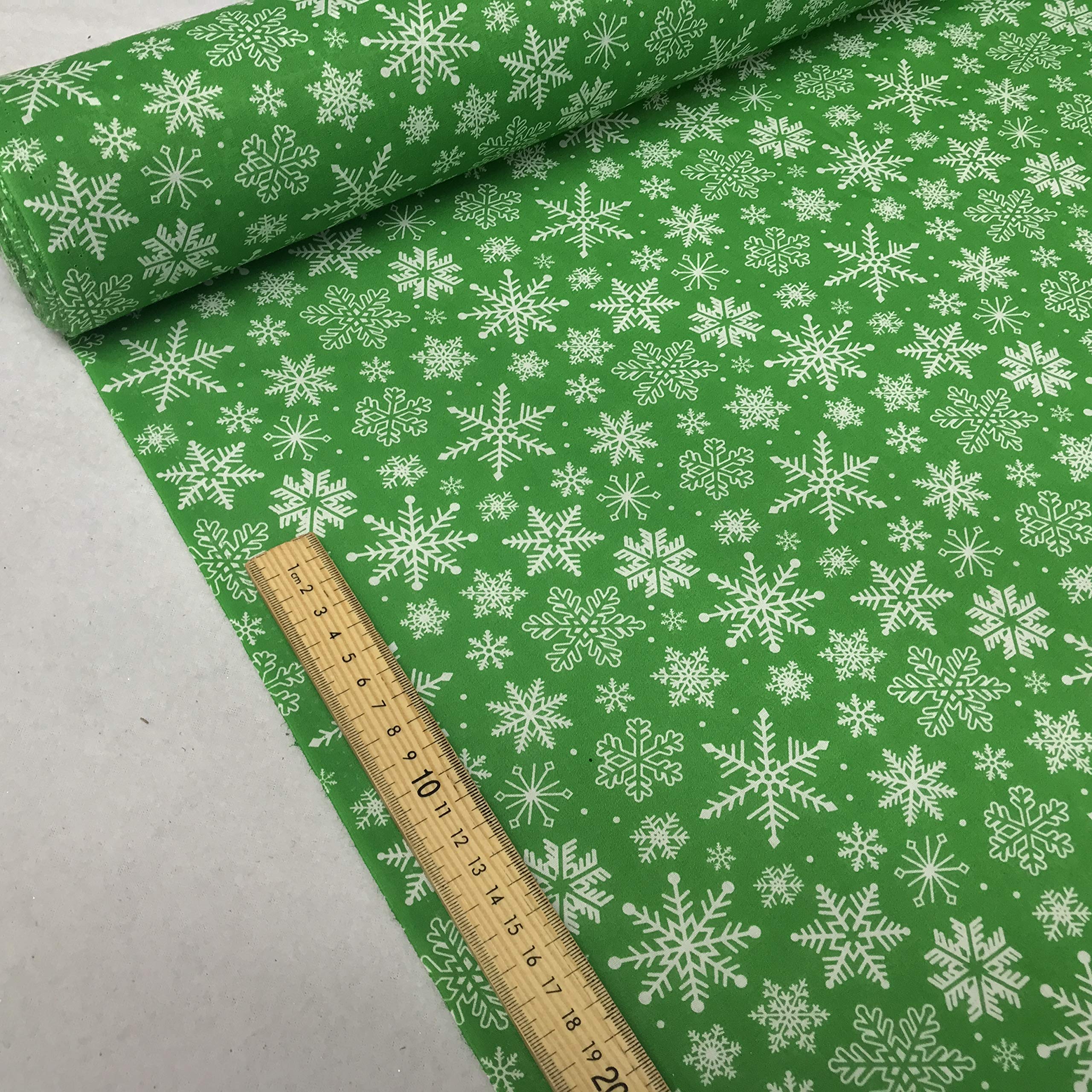 PRESTIGE Christmas XMAS Polycotton Print Fabrics Decoration Crafts Poly Cotton Designs Fabric - Per Metre (NEW! Snowflakes - Green)