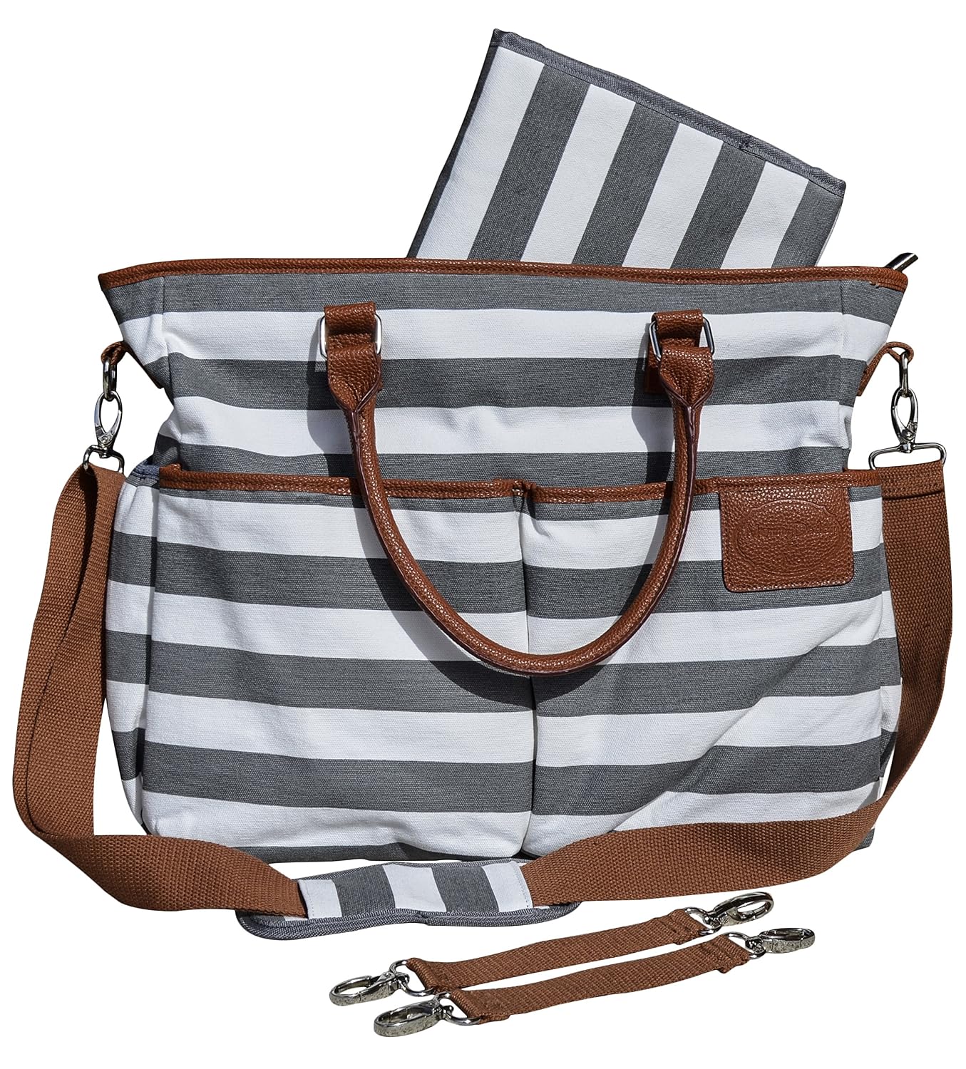 Diaper Bag for Stylish Moms, Grey/White, Premium Cotton Canvas Tote Bag, 13 Pockets Including Insulated Bottle Holders, by MommyDaddy&Me