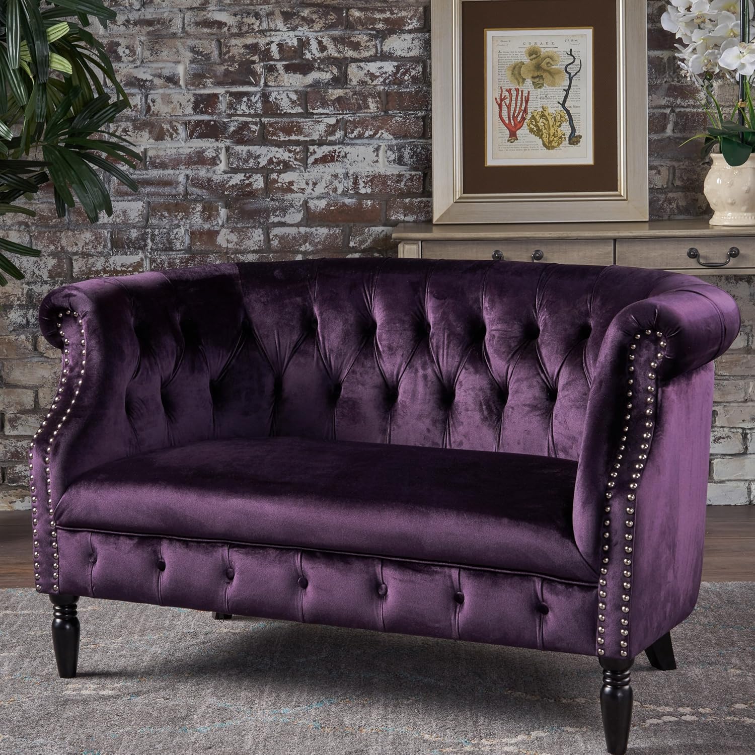 Tufted Chesterfield Velvet Loveseat with Scrolled Arms, BlackBerry and Dark Brown - Image 3