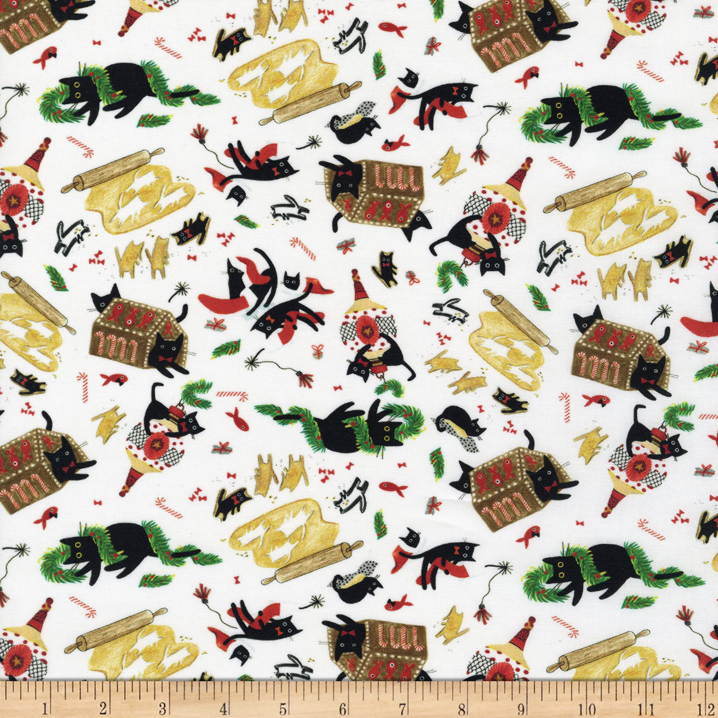 dear STELLADesigns Dear Stella Digital Meowy & Bright Holiday Cats Fabric, White
