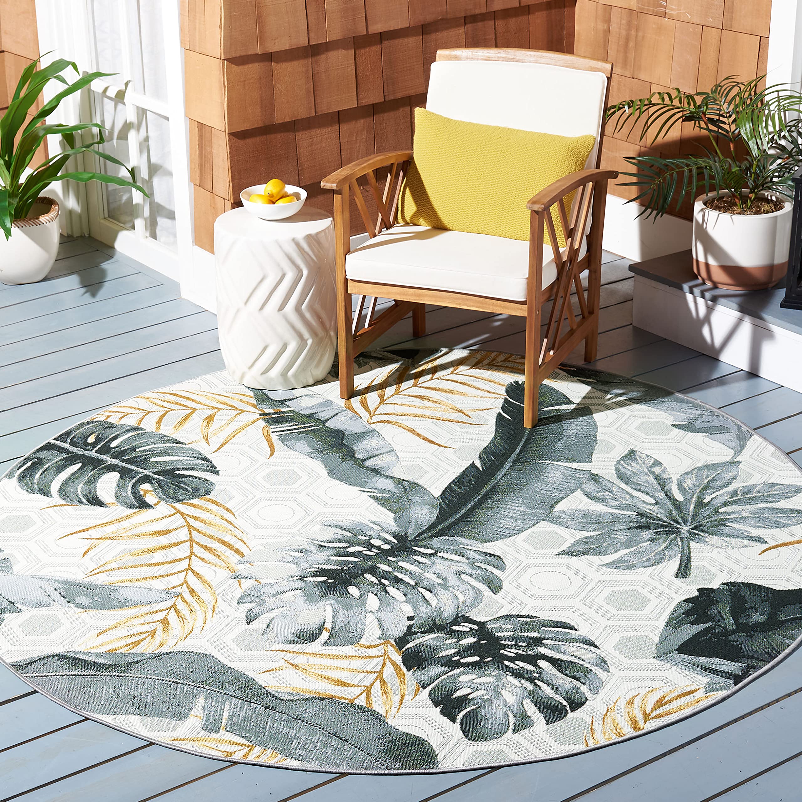 SAFAVIEH Washable Rug Outdoor Barbados Collection - 5'3" Round, Grey & Gold, Non-Shedding & Easy to Clean, Ideal for Patio, Backyard, Mudroom (BAR524F