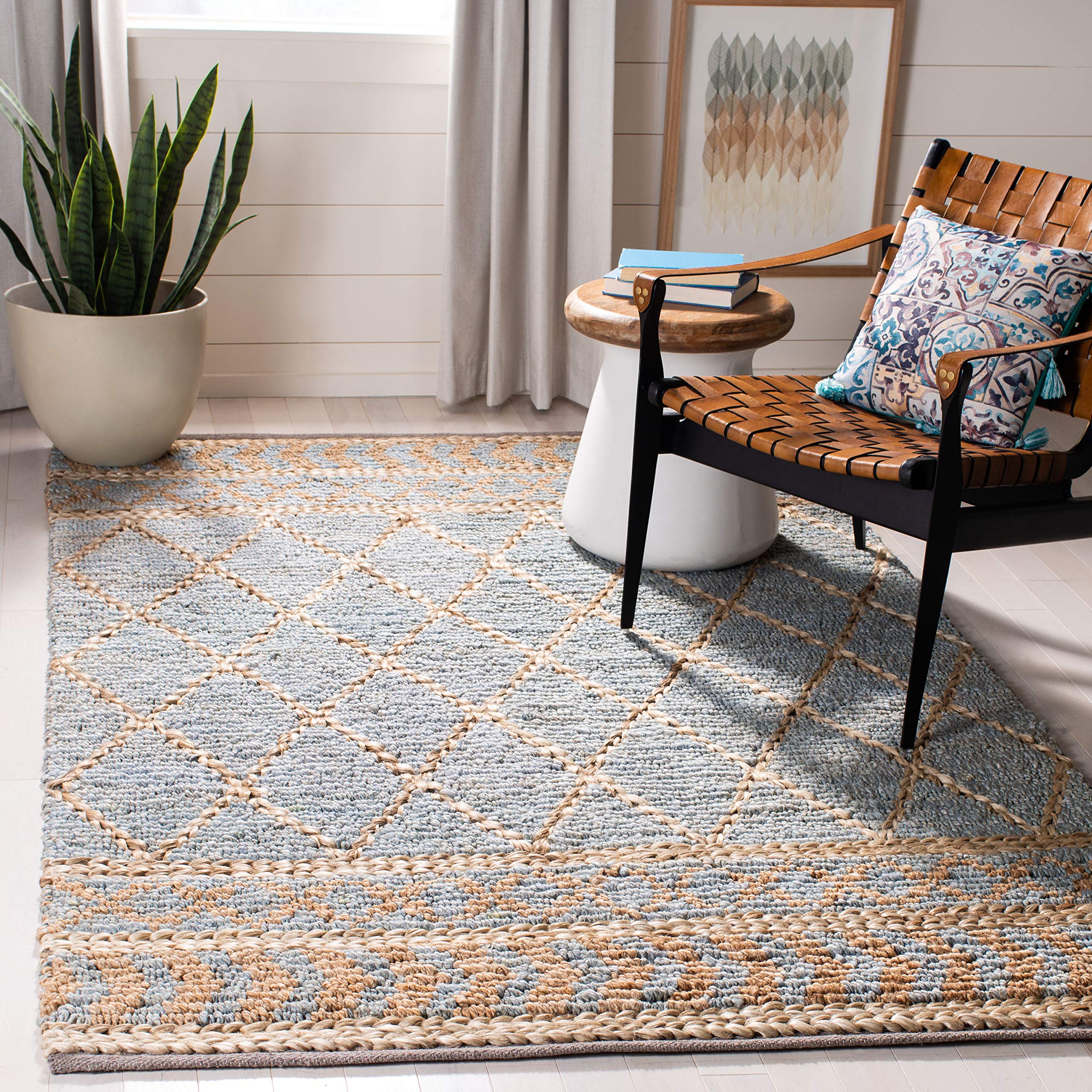 SAFAVIEH Natural Fiber Collection Area Rug - 5' x 8', Natural & Blue, Handmade Boho Moroccan Trellis Jute, Ideal for High Traffic Areas in Living Room, Bedroom (NF955N)