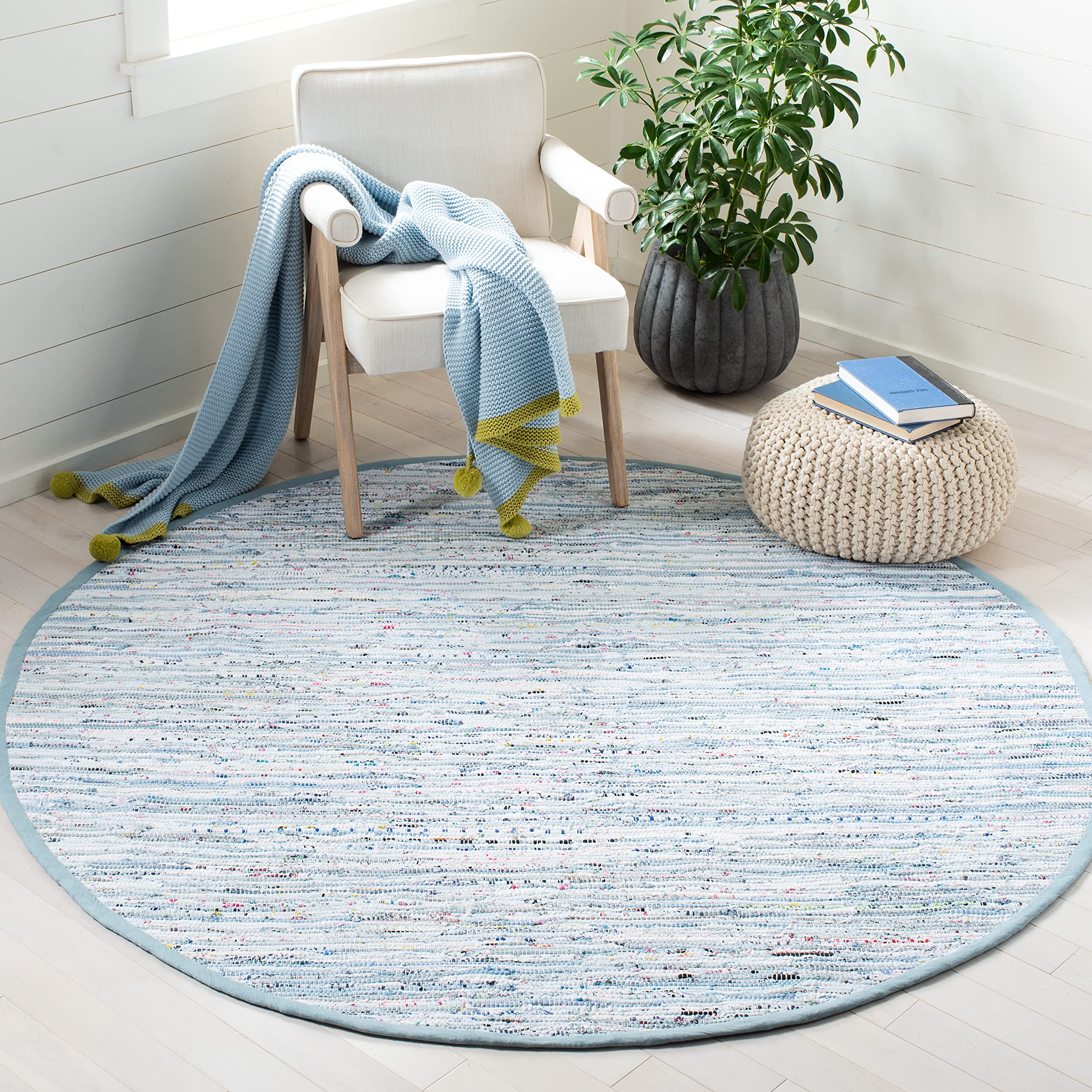 SAFAVIEH Rag Rug Collection 6' Round Light Blue/Multi RAR125A Handmade Boho Stripe Cotton Area Rug