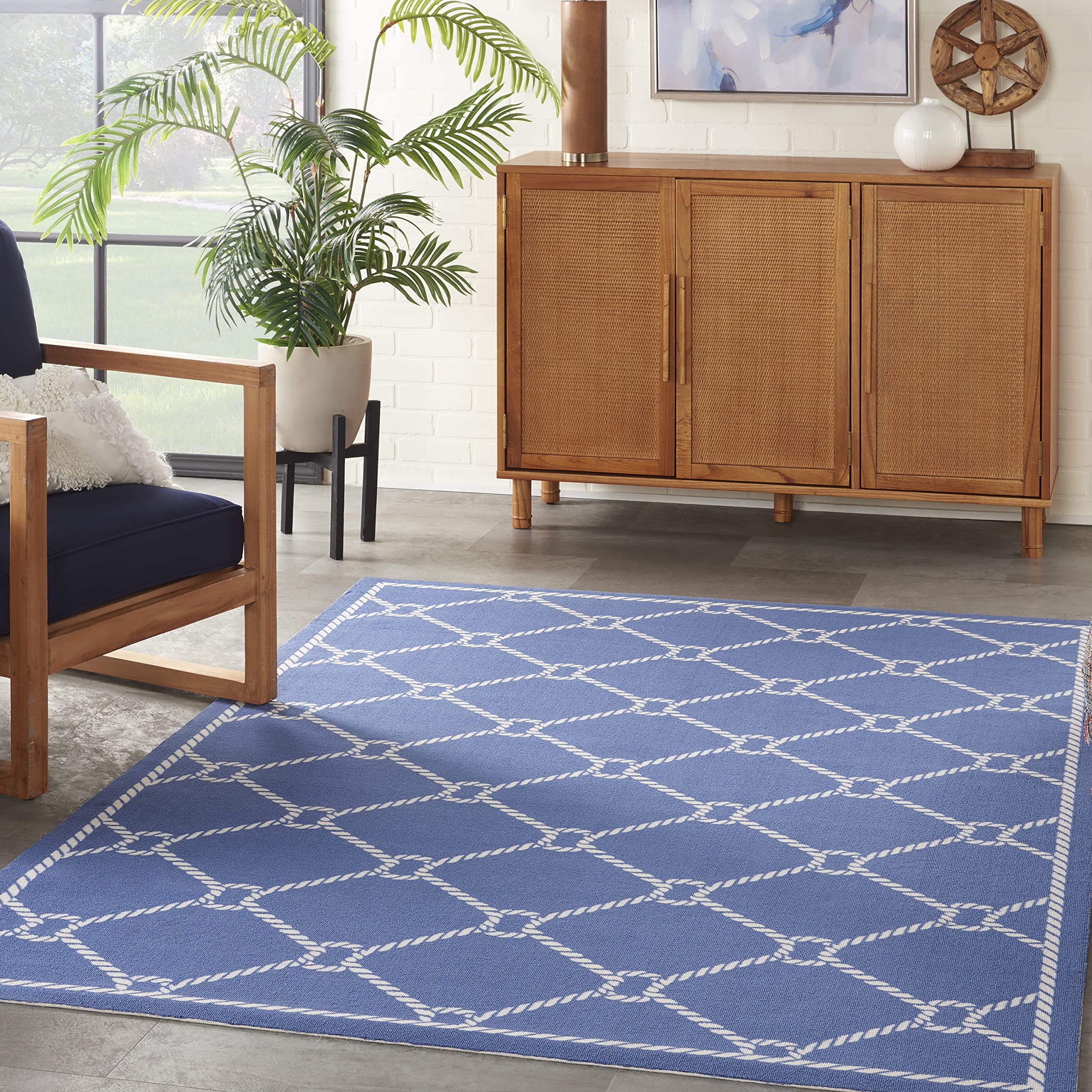 Waverly Sun N' Shade Indoor/Outdoor Coastal Trellis Navy 4'3" x 6'3" Area Rug, (4' x 6')