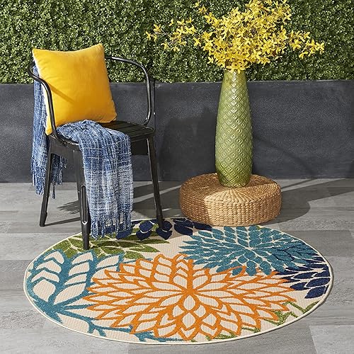 Nourison Aloha Indoor/Outdoor Multicolor 4' x Round Area Rug, Tropical, Botanical, Easy Cleaning, Non Shedding, Bed Room, Living Room, Dining Room, Deck, Backyard, Patio (4 Round)