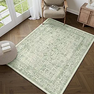 Sage Green Area Rug 3x5 Washable Office Entryway Carpet Vintage Distressed Non Slip Kitchen Indoor Entry Neutral Low Pile Retro Floral Farmhouse Throw Mat for Laundry Dining Room Bedroom