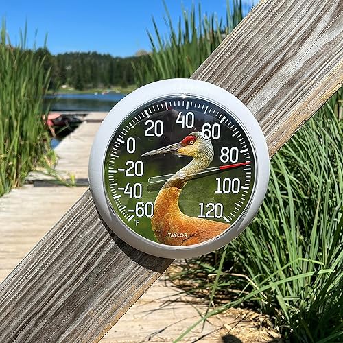 Miniatura 6 de Taylor Nature Series Sandhill Crane - Termómetro de esfera para interiores y exteriores, decoración de pared fácil de leer para patio, piscina,