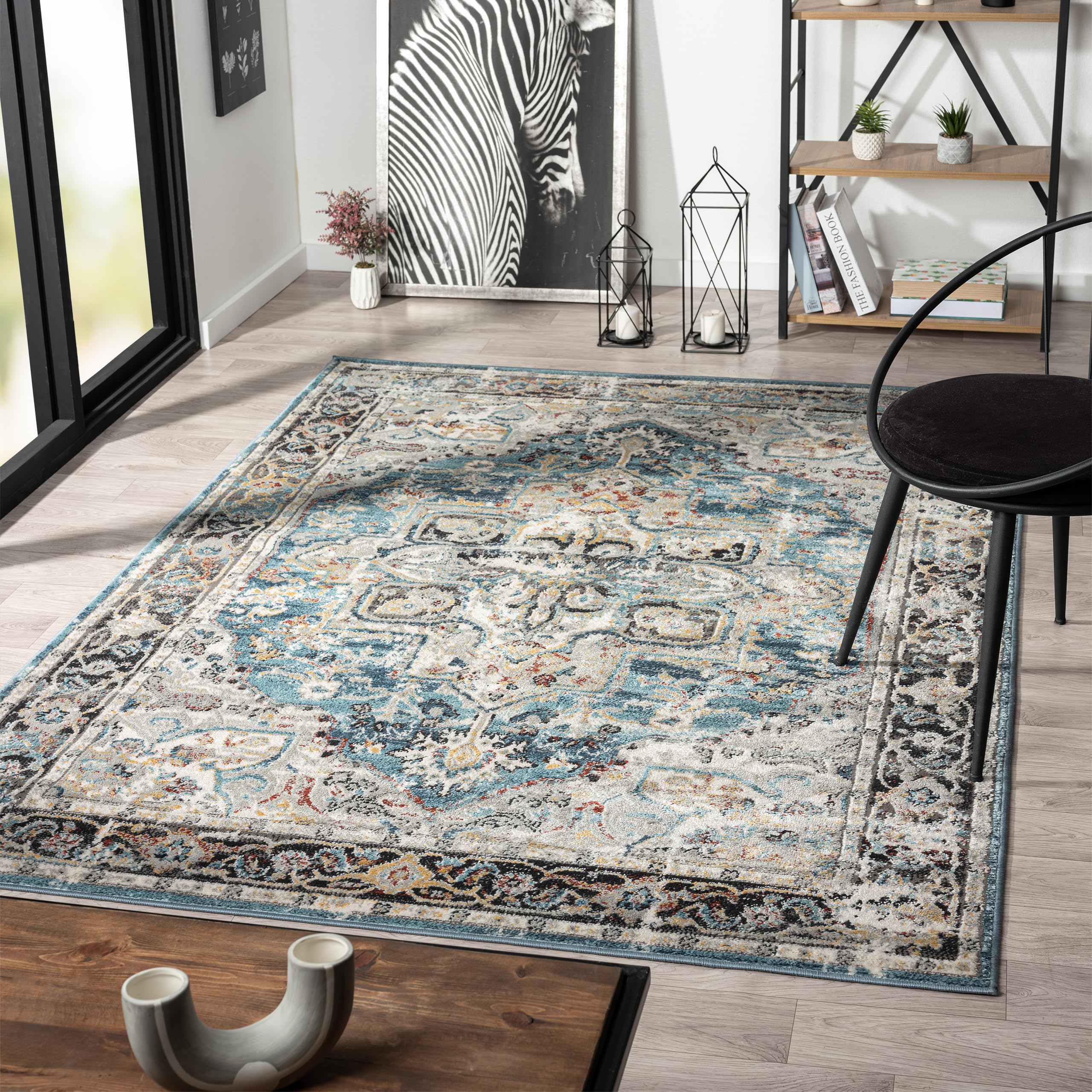 LUXE WEAVERS Moroccan Floral Vintage Blue 8x10 Area Rug