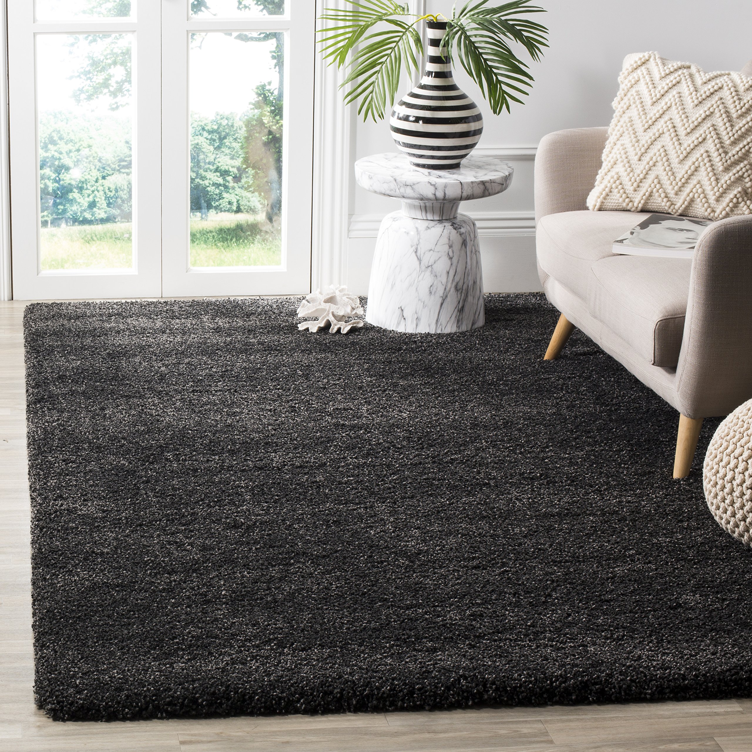 SAFAVIEH Milan Shag Collection Area Rug - 7' Square, Dark Grey, Solid Design, Non-Shedding & Easy to Clean, Plush Thick Pile, Ideal for Living Room,