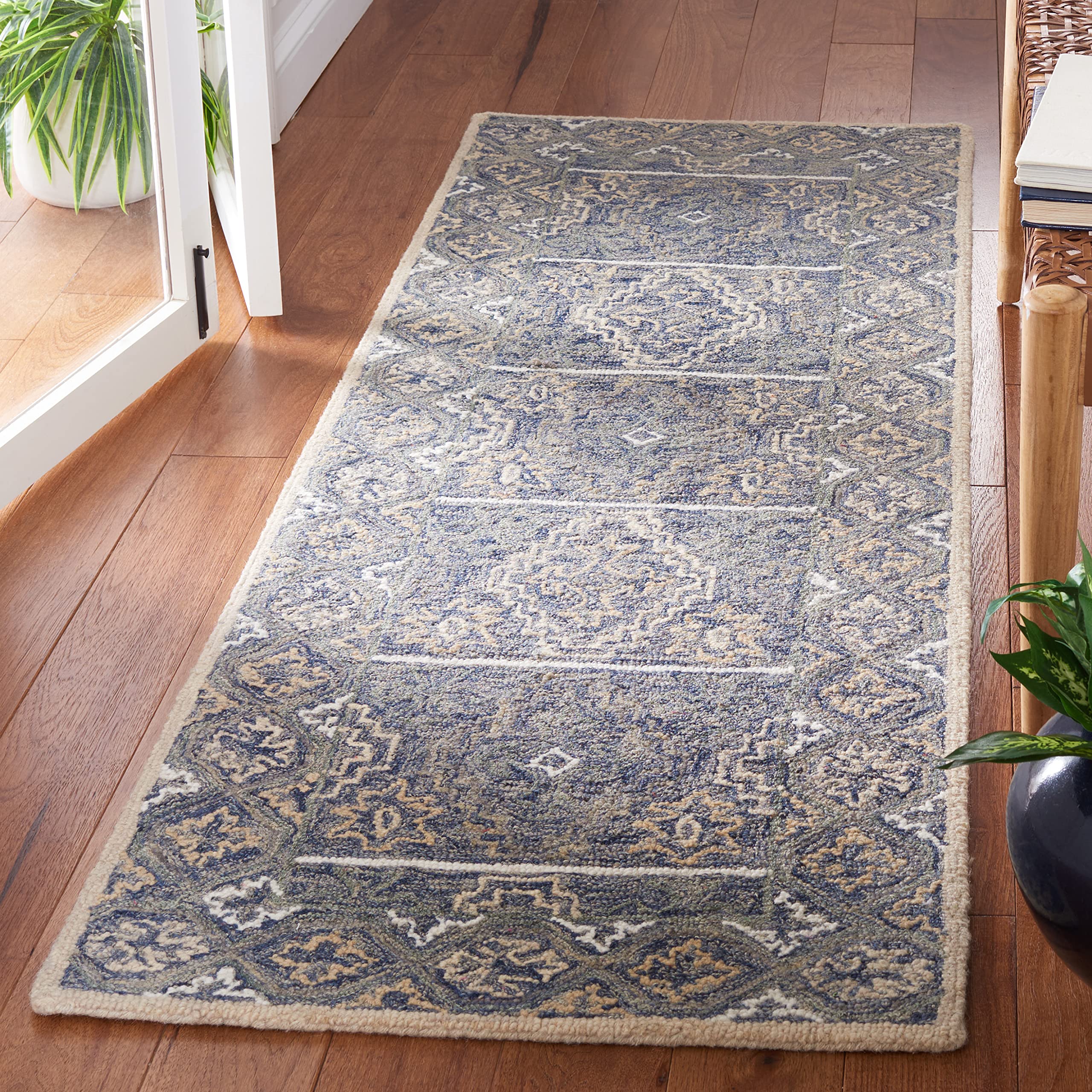 safavieh aspen collection runner rug - 2'3" x 7', blue & beige, handmade boho wool, ideal for high traffic areas in living room, bedroom (apn275m)