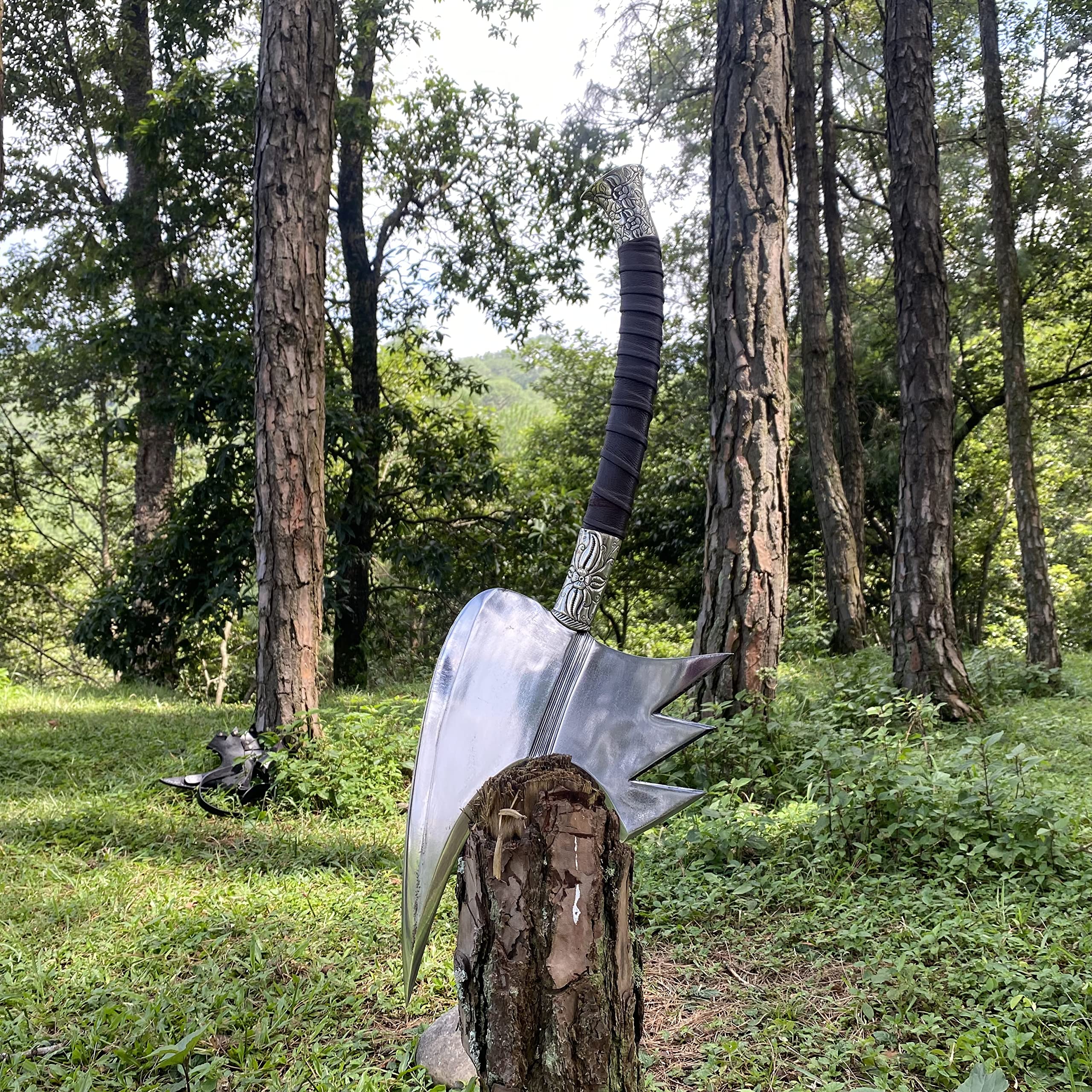 Siekiera do siekania, 33,5 cm, ostrze fantomowe do drewna, siekiera survivalowa, narzędzia do majsterkowania na świeżym powietrzu, z ostrzem ze stali węglowej i mosiężnym uchwytem, plus skórzana osłona
