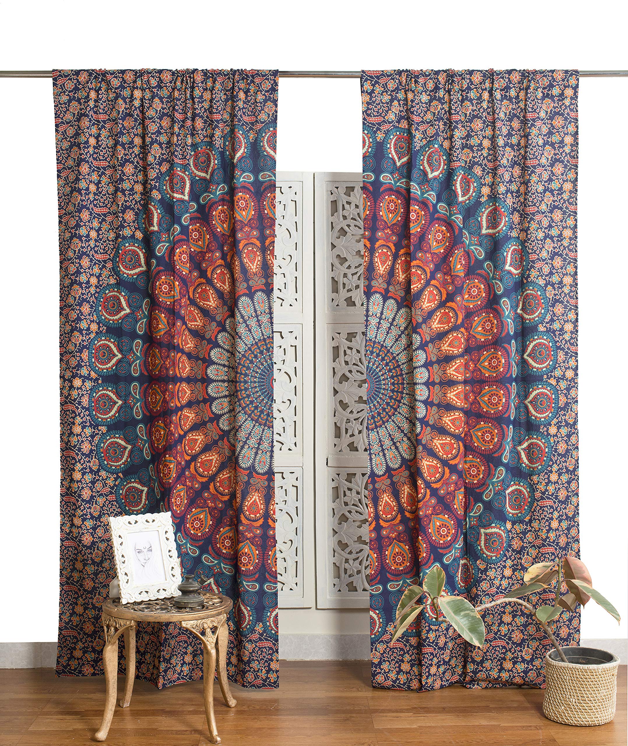 Popular Handicrafts Indian Hippie Bohemian Beautiful Peacock Mandala Curtain Panels Room Divider Blue