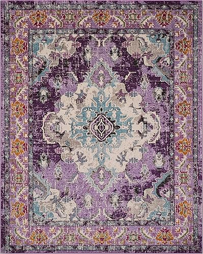 Miniatura 4 de Safavieh Tapete de área, colección Monaco, 8 pies x 10 pies, diseño desgastado bohemio de medallón, violeta y celeste, no desprende pelusa y de