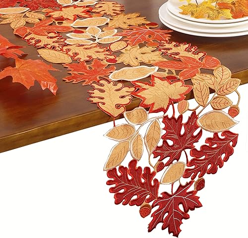Miniatura 2 de GRANDDECO Camino de mesa para el día de Acción de Gracias de otoño de 13 x 34 pulgadas con hojas de arce para otoño, cenas familiares, decoración de