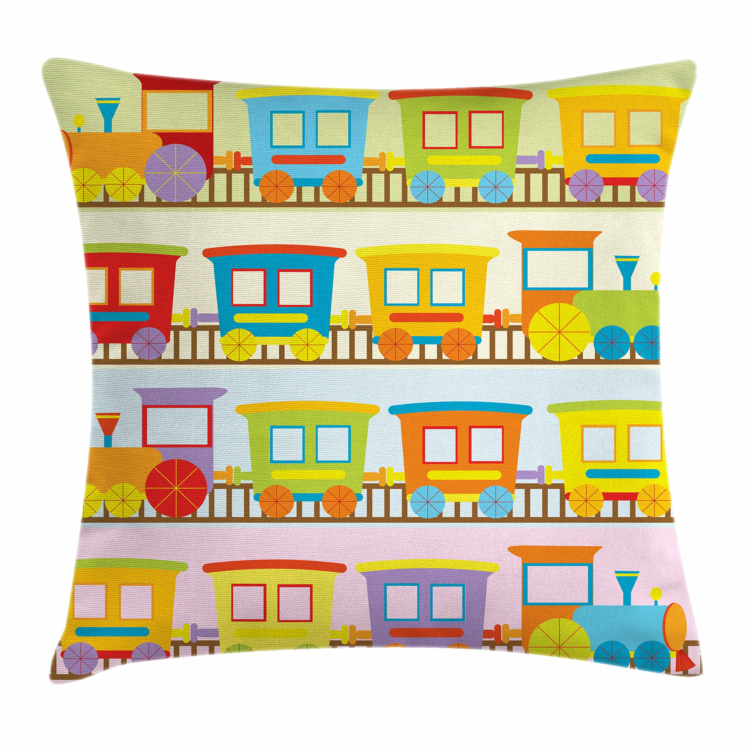 Lunarable Train Throw Pillow Cushion Cover, Empty Toy Vehicle Childhood Memories Playing with Miniature Locomotives Cartoon Style, Decorative Square Accent Pillow Case, 40