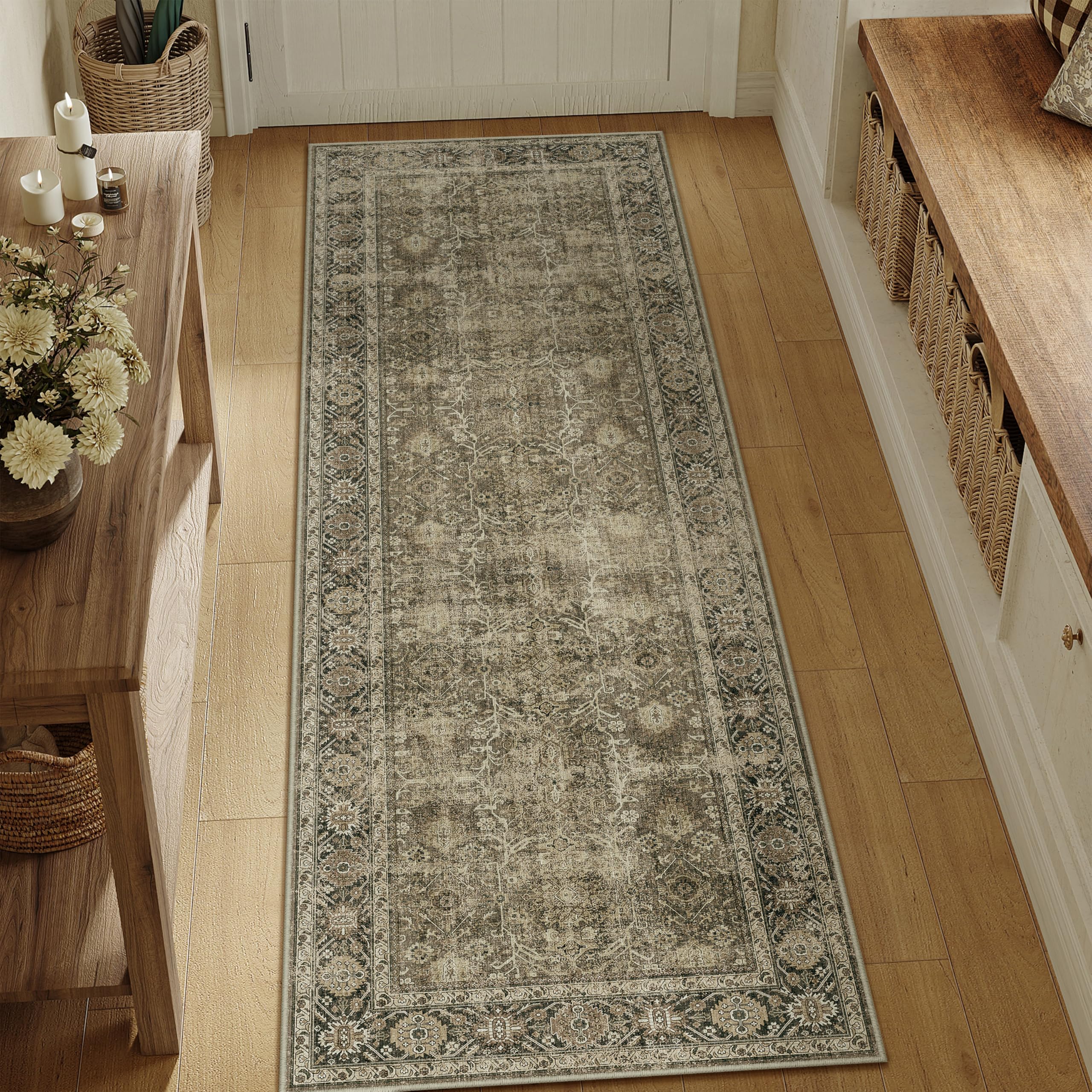 PureCozy Light Brown 2x5 Vintage Area Rug Hallway Indoor Kitchen Washable Living Room Carpet Tribal Distressed Rug Retro Accent Throw Rug for Office