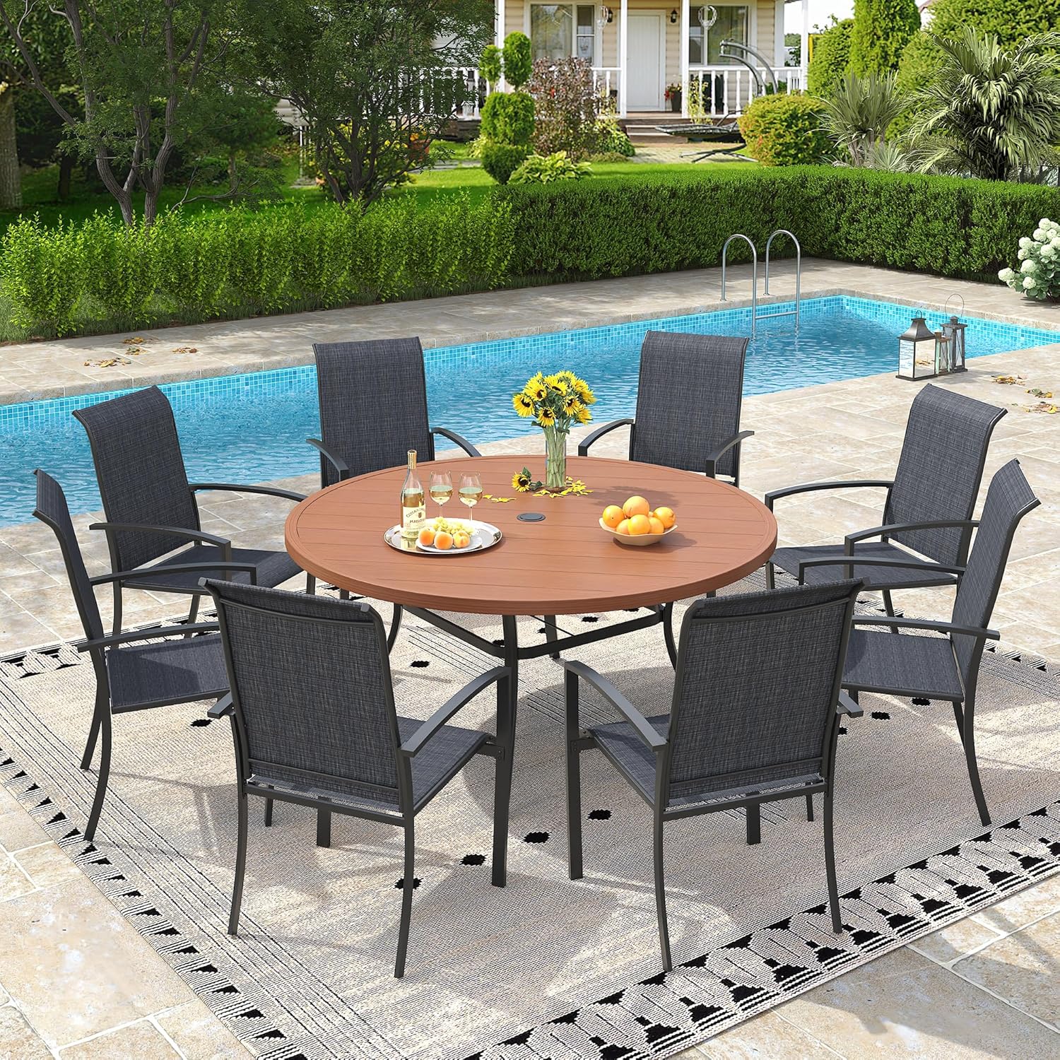 VICLLAX 9 Pieces Patio Outdoor Dining Set, 53" Round Metal Table with Umbrella Hole and 8 Stackable Textilene Chairs for Porch, Deck, Garden, Walnut/Black