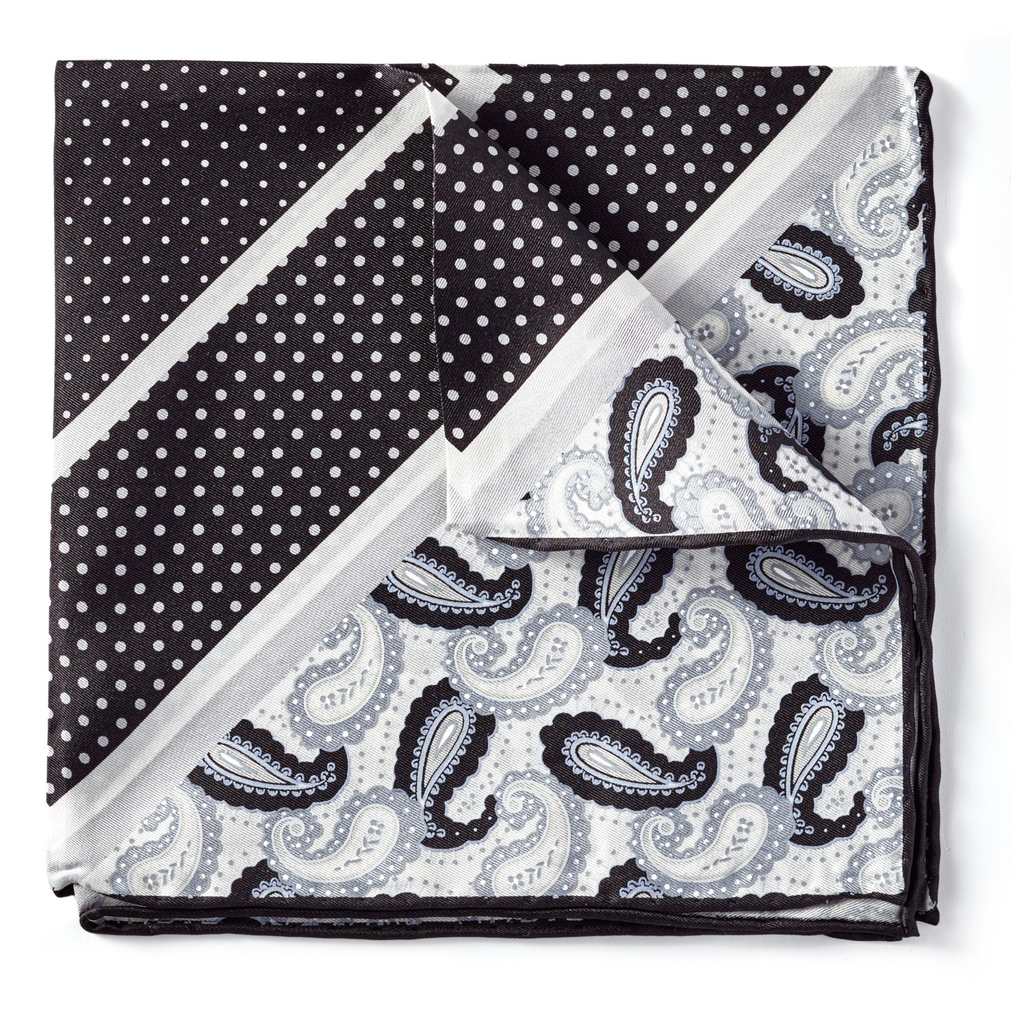 Bruno Paittelli Black and Grey Dots and Paisley Design Pocket Square