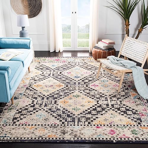 SAFAVIEH Madison Collection X-Large Area Rug - 12' x 18', Black & Yellow, Boho Diamond Distressed Design, Non-Shedding & Easy Care, Ideal for High Traffic Areas in Living Room, Bedroom (MAD418Z)