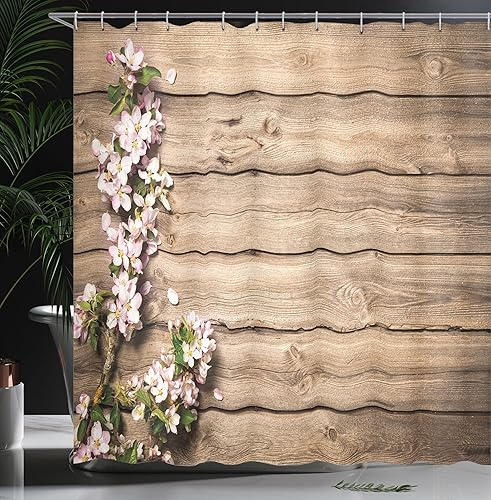 Miniatura 3 de Ambesonne Cortina de ducha rústica, rama de árbol con flores de primavera en imagen de huerto floreciente de madera desgastada, juego de decoración