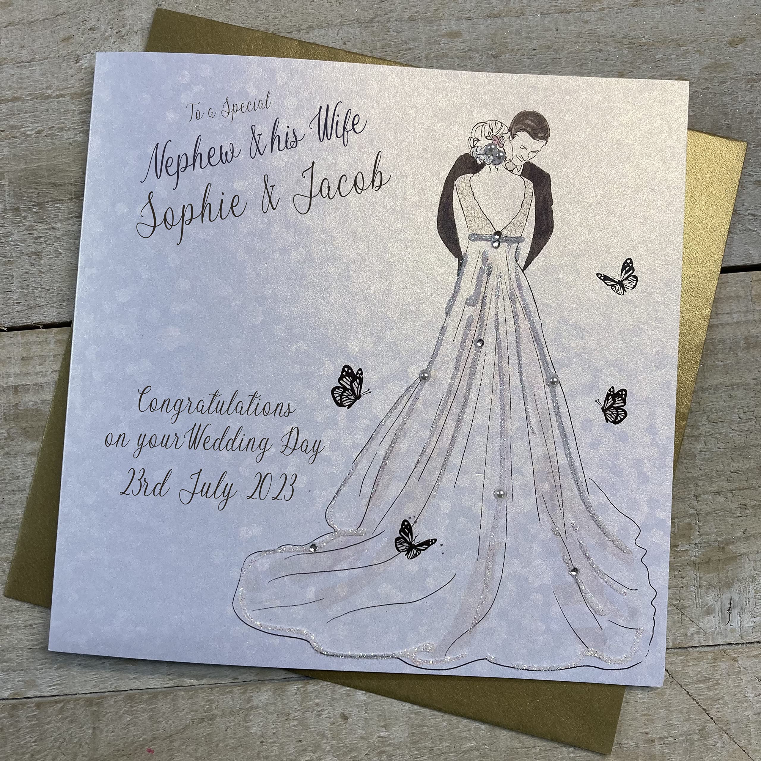 WHITE COTTON CARDS PERSONALISED WEDDING CARD, TO A SPECIAL NEPHEW & WIFE, COUPLE DESIGN, HAND FINISHED (X) P23-4-NEP