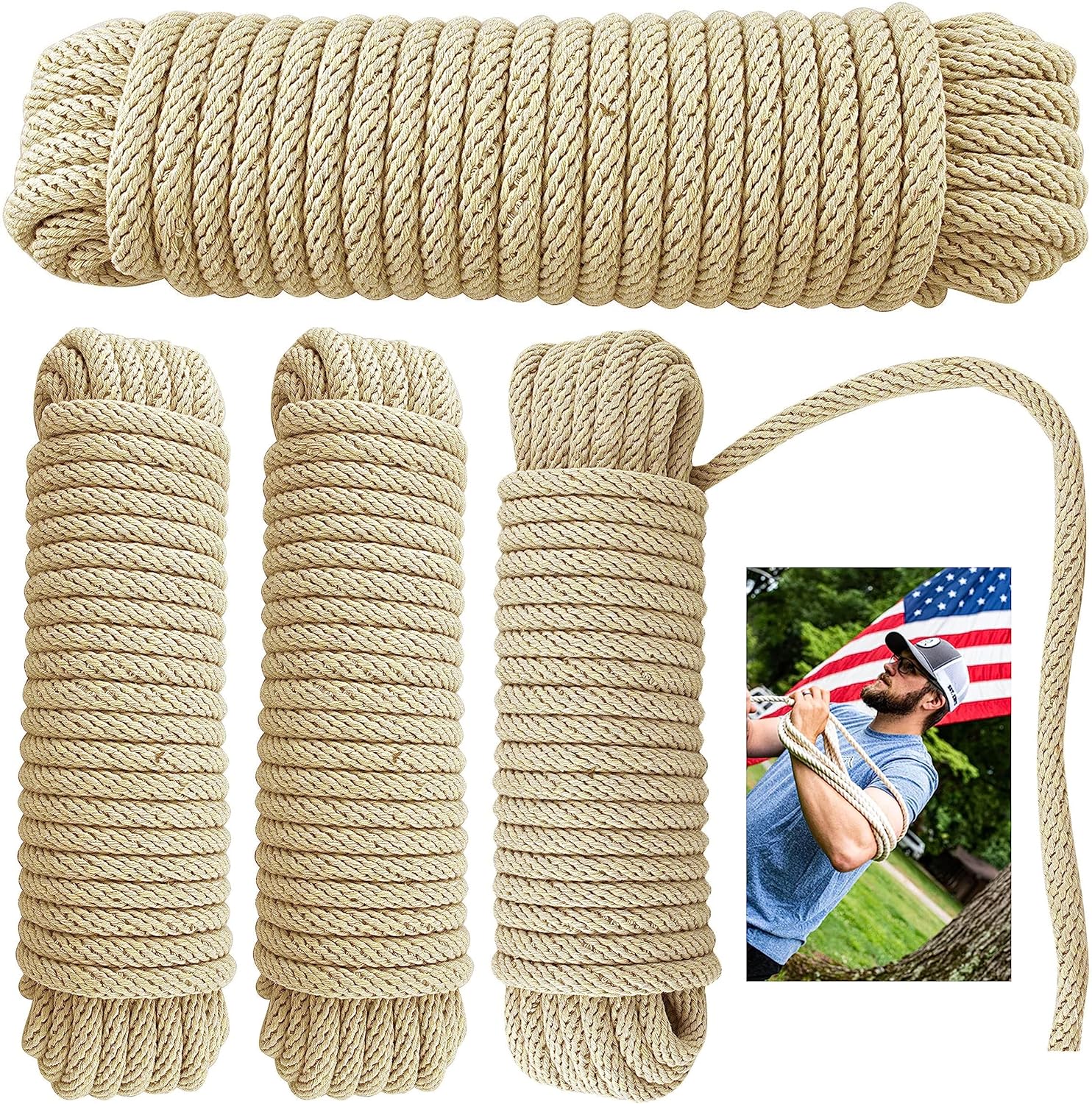 4 Pc 50FT Solid Twisted Cotton Rope 3/8" Thick Strong 150 lbs Load Boat Camping Multipurpose Natural Fibers Thick Twisted Rope for Crafts Hammock Home Decorating Wall Hanging Plant Hangers Pull Loads