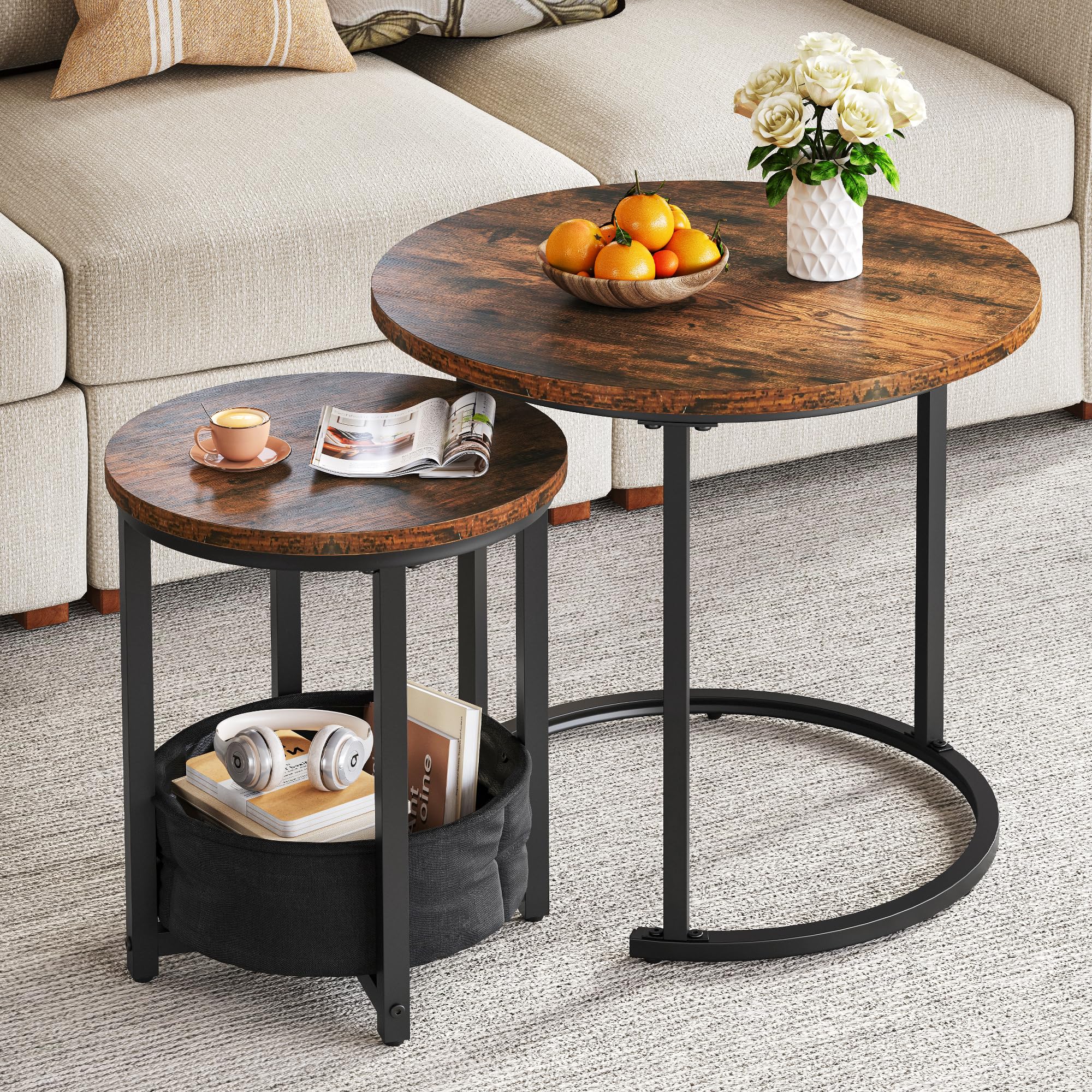 YITAHOME Coffee Table for living room, Nest of Tables Set of 2 with Storage, Small Round Table 60X60X50.5CM, Wooden Side Table with Sturdy Metal Frame, Easy AssemblyThe Forest Stewardship Council