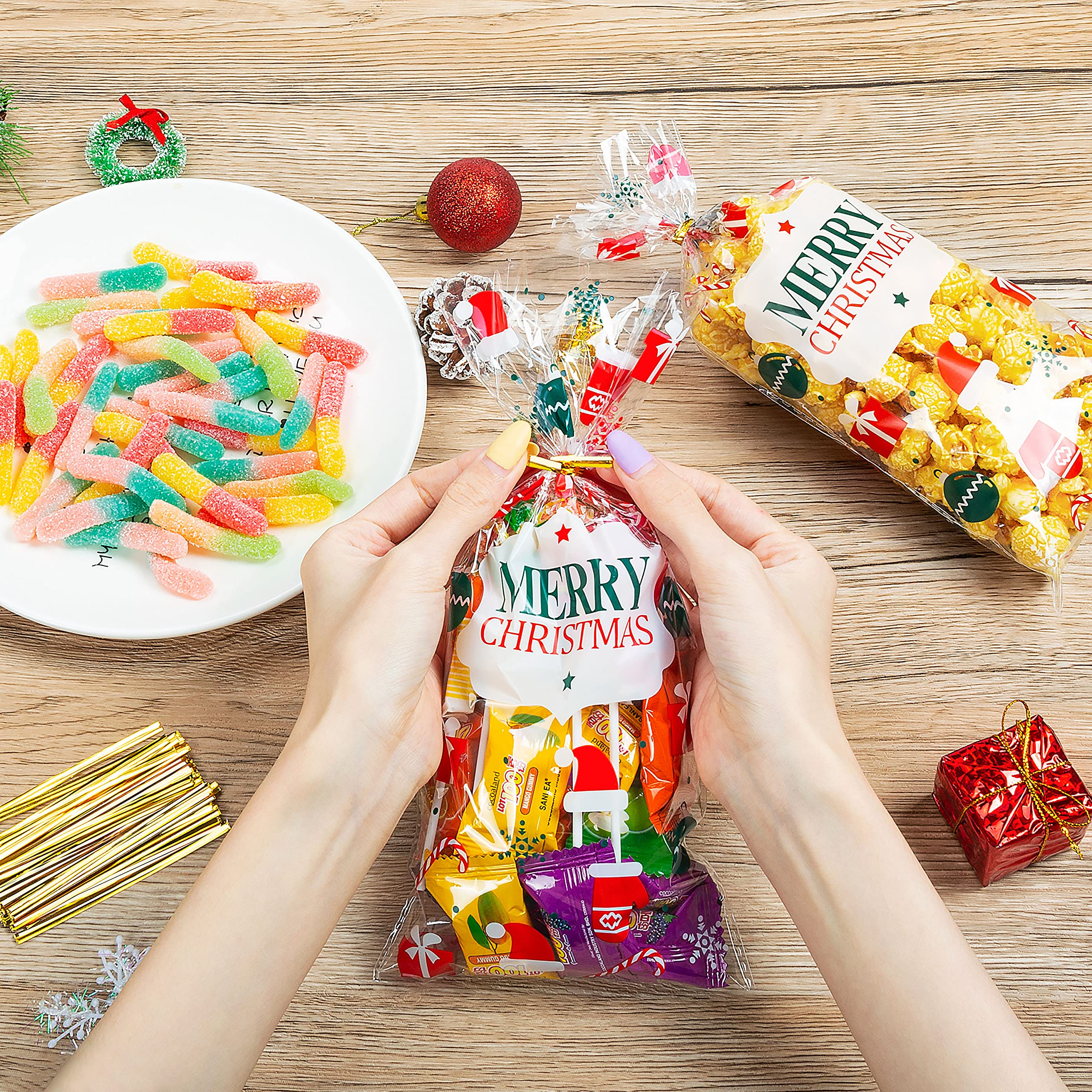 MELLIEX 100 Pièces Sacs à Biscuits De Noël, Sachets De Bonbons Friandises Cellophane Transparents Cadeaux Pochette Avec Cravates Torsadées Pour Les Fournitures De Fête