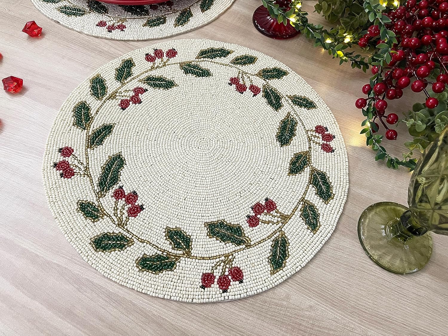 Enliven Set of 6, Christmas Special Beaded placemat, 14 inch, Gifts, Holly Berry Design
